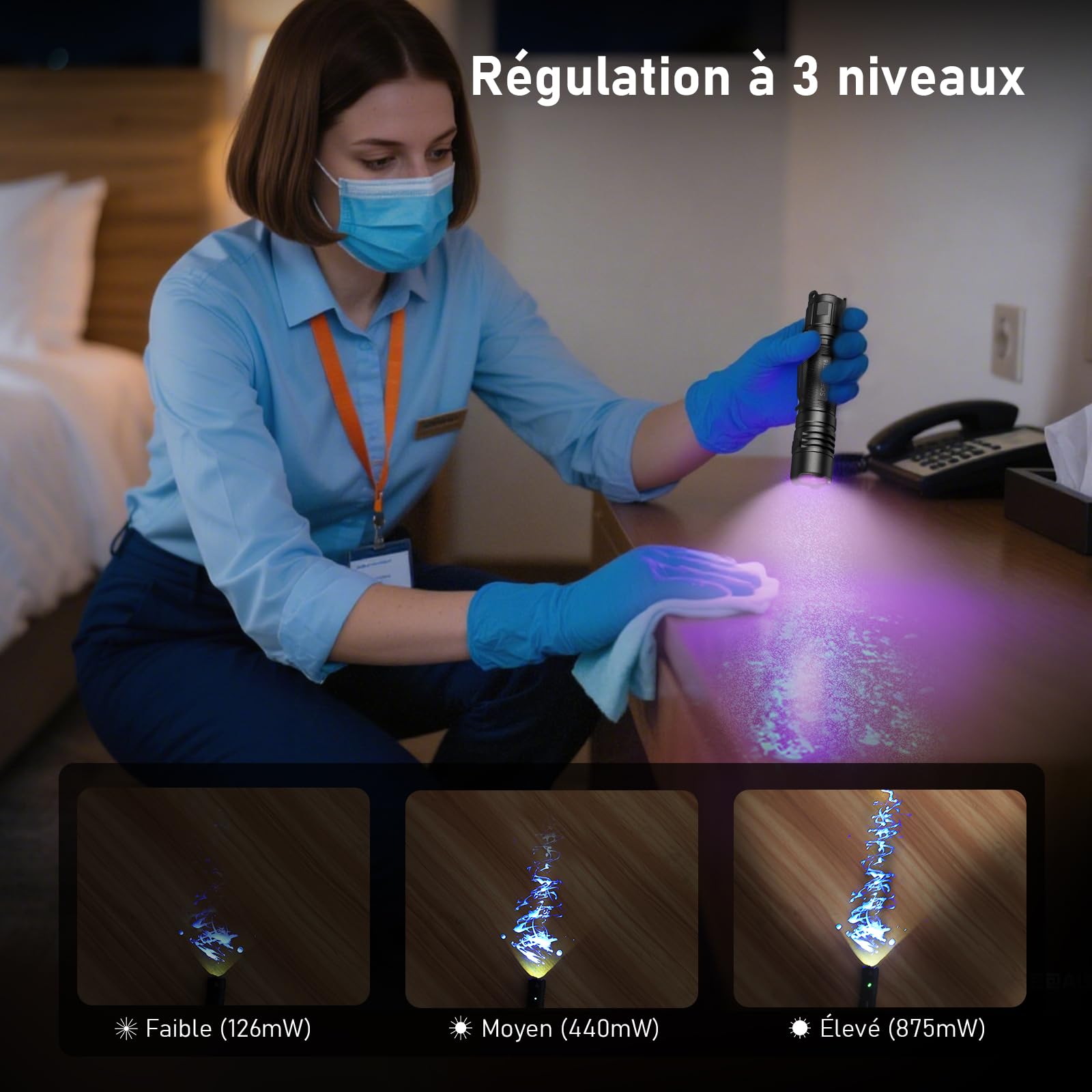 Lampe de poche UV 365 nm - Lumière noire - Lampe torche tactique rechargeable à LED pour détecter l'urine de chien - Dévoilement des taches invisibles - Ultraviolet pur haute définition (SF16 Noir)