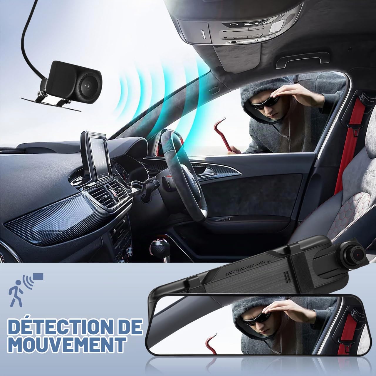 ULTECHNOVO Caméra De Tableau De Bord Et Arrière avec Rétroviseur Caméra Embarquée Voiture Streaming Multimédia Écran Tactile Enregistrement Double Vidéo 1080P Sécurité De Recul