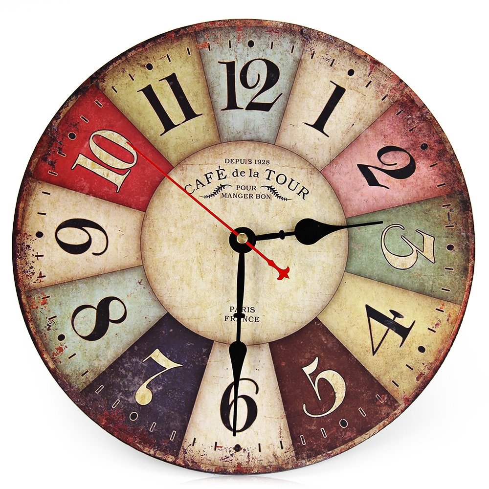 BELIEVE-IN Colorful Wooden Wall Clock Arabic Numeral Round Silent Compass Retro Vintage Style Decorative Living Room