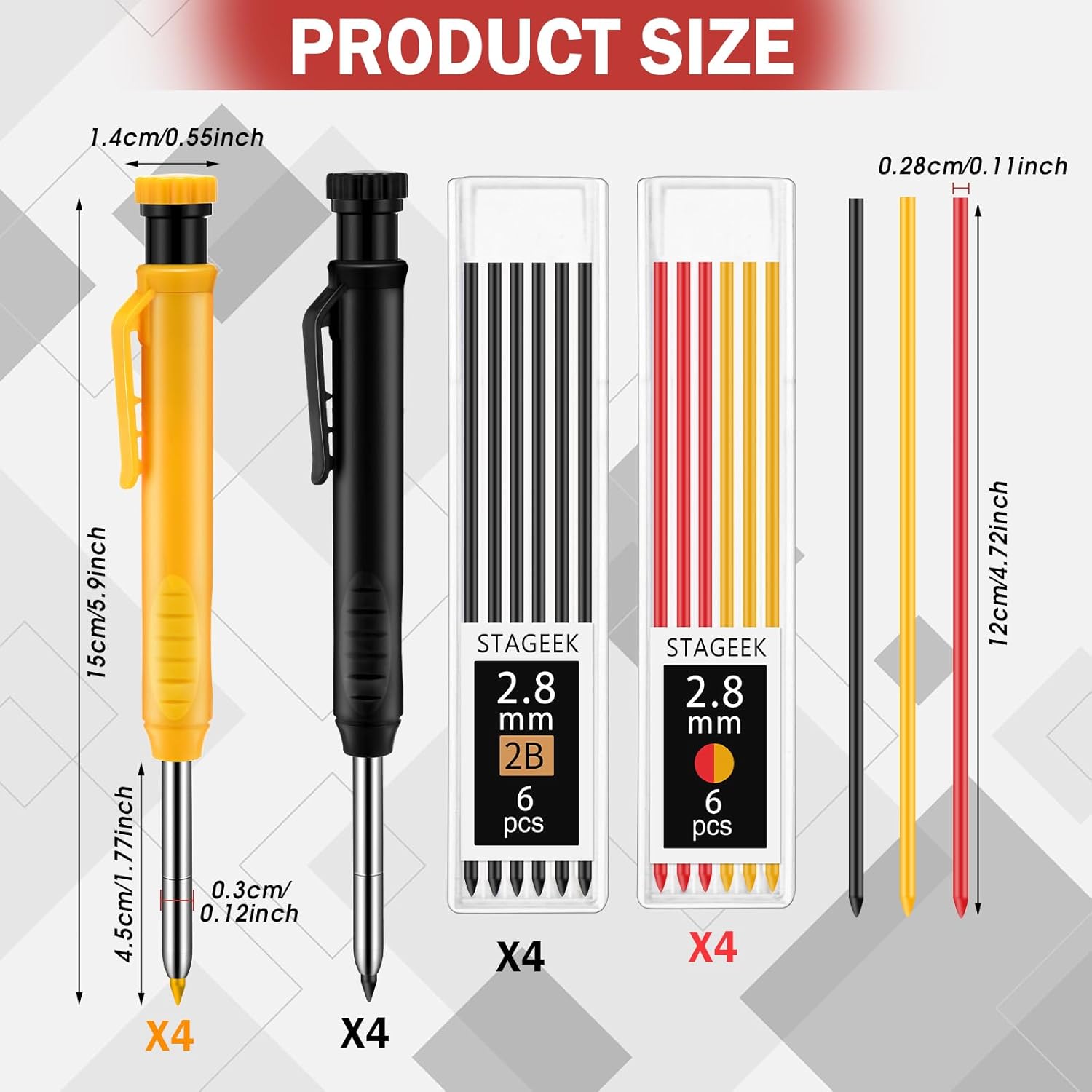 MotiMind 8 pack 2.8mm Mechanical Carpenter Pencils with 48 Refills, Construction Pencils with Built-in Sharpener, Long Nib Deep Hole Marker, Heavy Duty Woodworking Tools (Black+yellow)