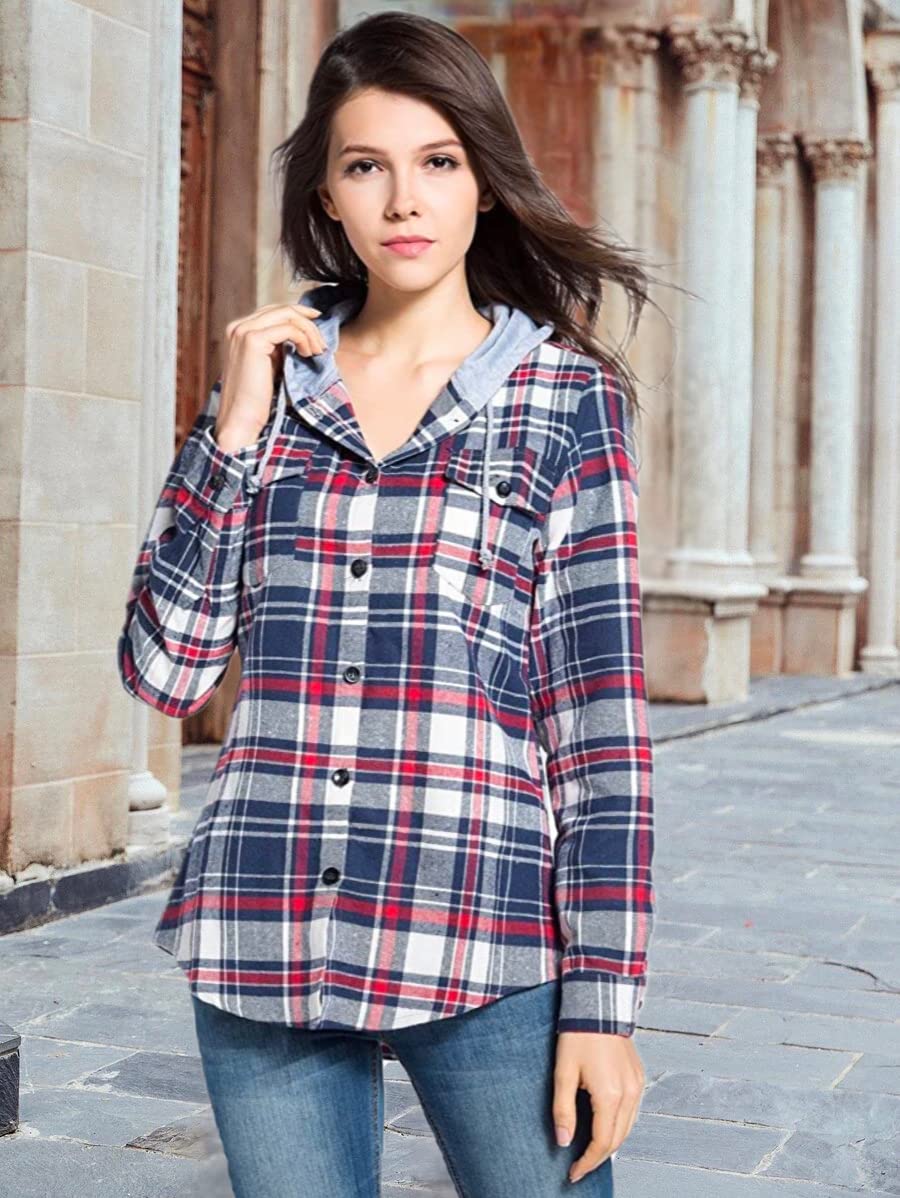 Klasyczne bawełniane bluzy z kapturem w kratę dla kobiet - flanelowa koszula z długim rękawem zapinana na guziki ze sznurkiem z kieszeniami stroje na co dzień, Jeden kolor, rozmiar uniwersalny