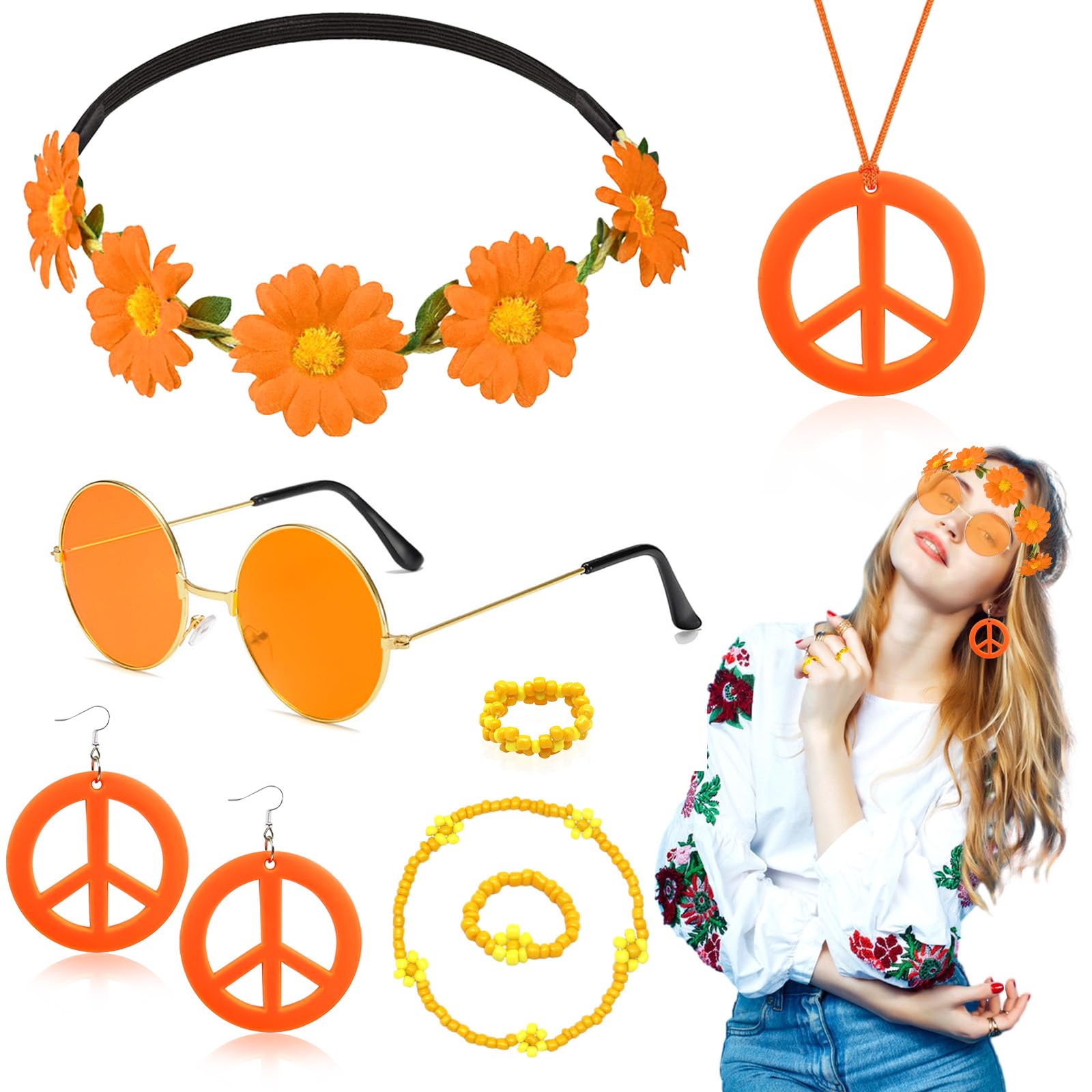Dazzroi 7Pcs Hippie Costume Accessories for Women 60s 70s Dressing Accessories Set including Plastic Necklace Earring Flower Headband Bracelet Ring Sunglasses Retro Deco for Dress Up (orange)
