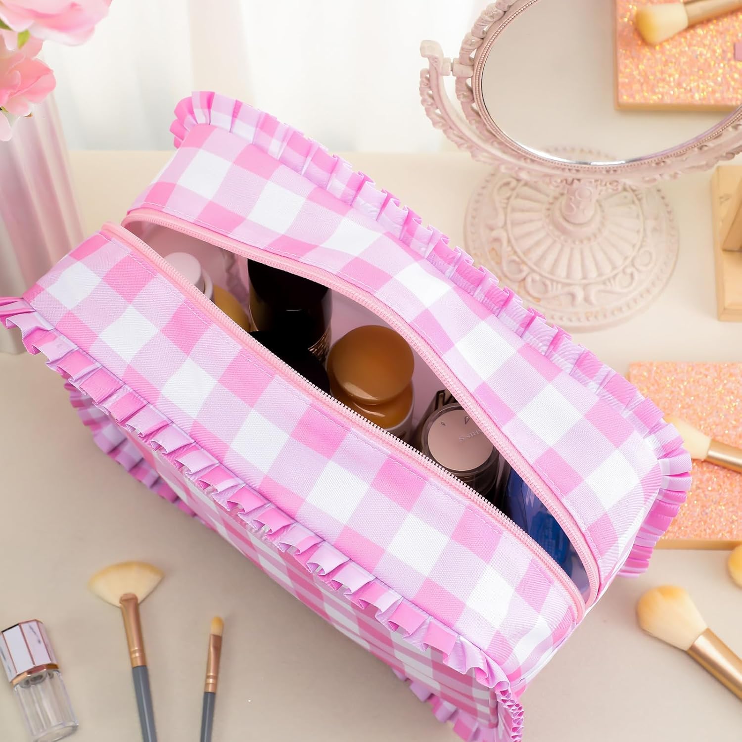 Pink Gingham Ruffle Makeup Bag Large Travel Cute Checkered Cosmetic Toiletry Bag with Zipper for Women Girls, Toiletry Pouch Make up Organizer Gift - Image 4
