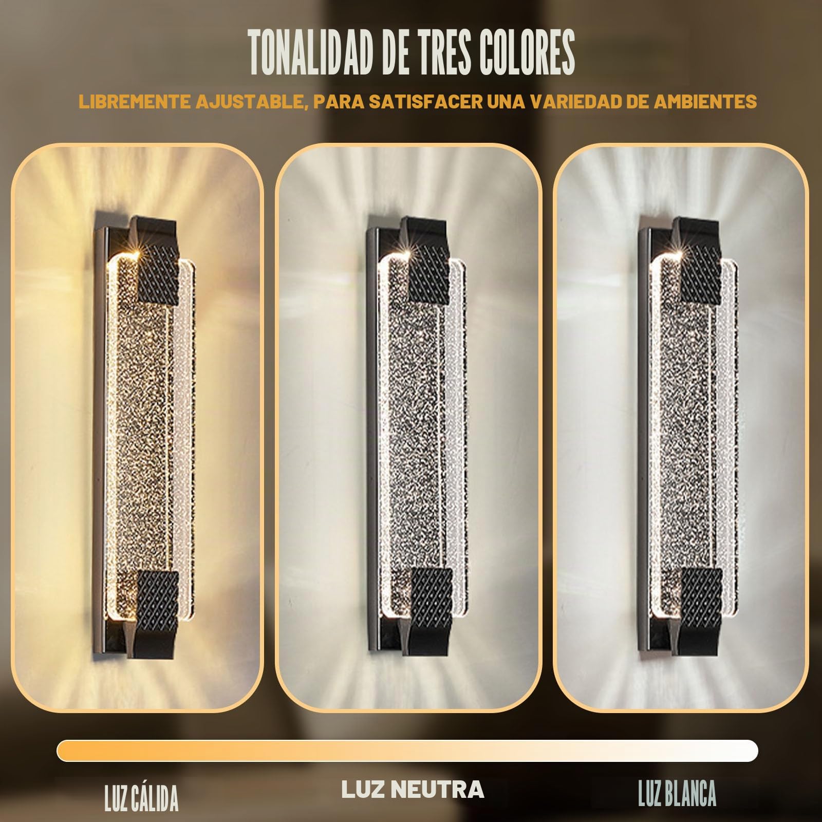 Aplique de Pared de LED Nórdico Lámpara de Pared de Cristal,Iluminación Tricolor (Cálida/Blanca/Neutra) para Sala de Estar Escaleras Dormitorio, Negro