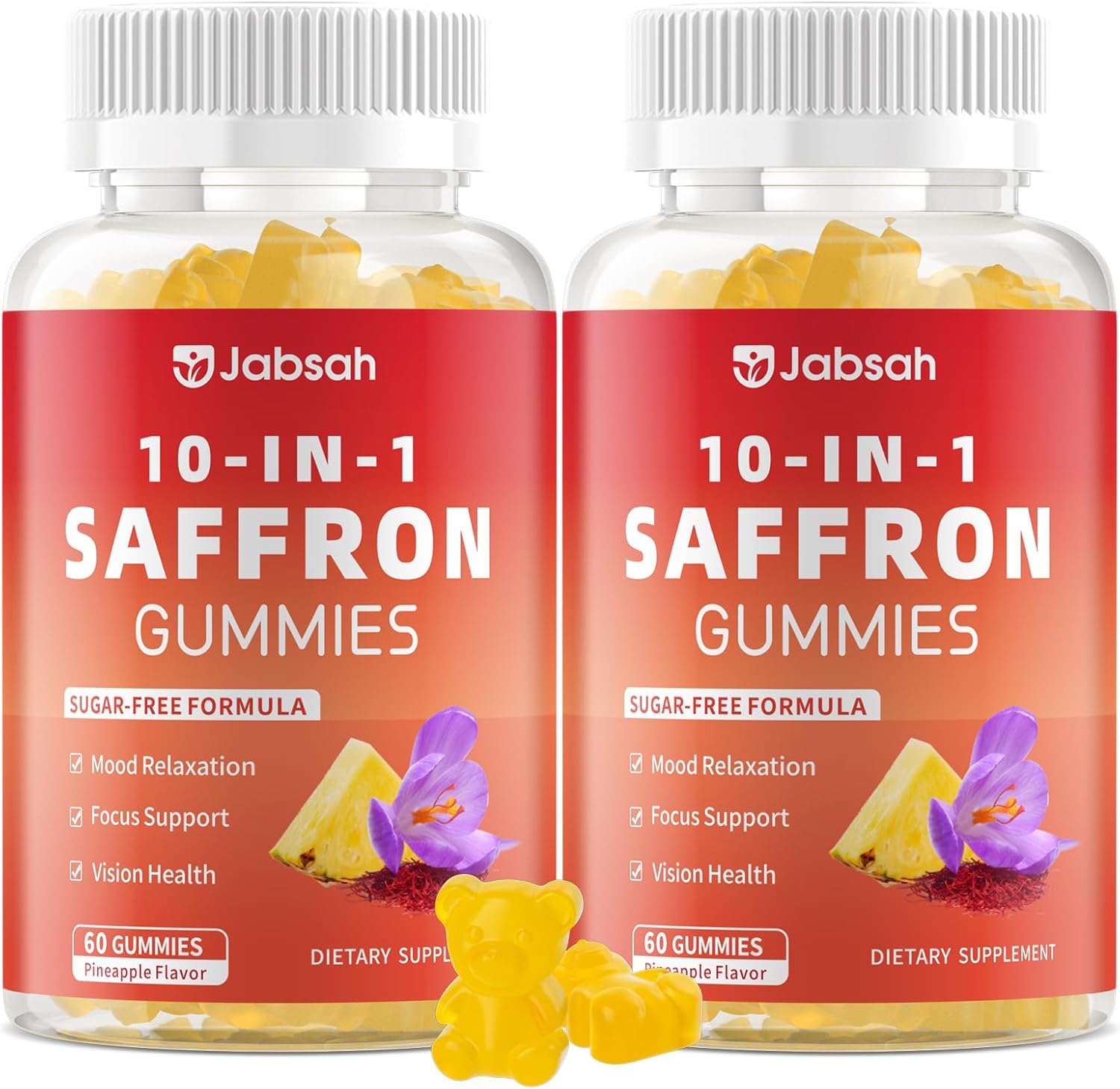 Saffron Gummies for Adult Kids, 10-IN-1 Saffron Supplements with Saffron Extract 88.5 mg, Vitamin D3, B6, B12, L-Theanine, St. John's Wort, Ashwagandha for Mood, Focus, Calm, Melatonin-Free, 120 Count