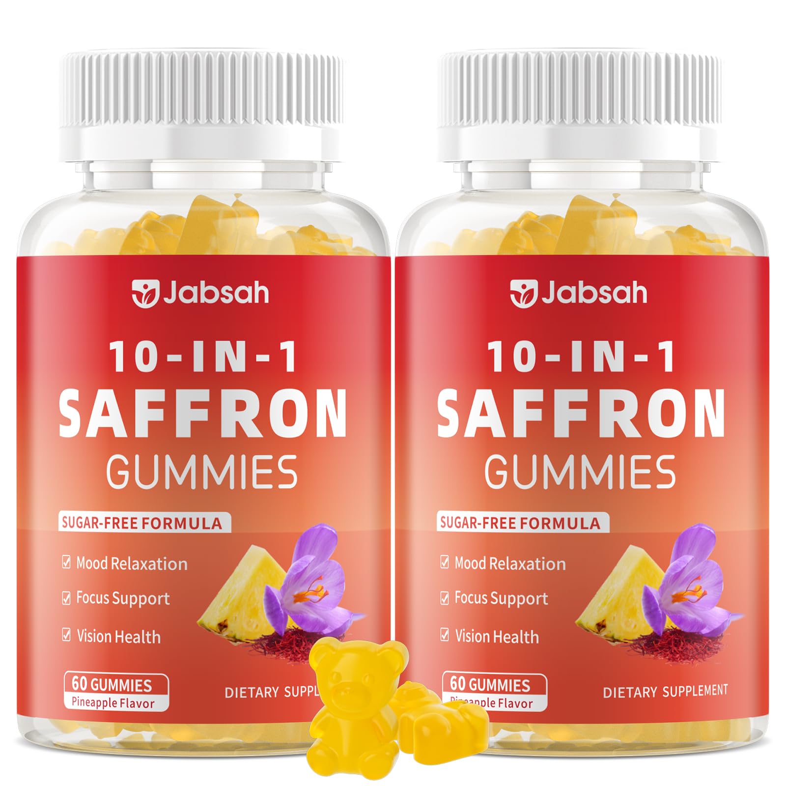Saffron Gummies for Adult Kids, 10-IN-1 Saffron Supplements with Saffron Extract 88.5 mg, Vitamin D3, B6, B12, L-Theanine, St. John's Wort, Ashwagandha for Mood, Focus, Calm, Melatonin-Free, 120 Count 60 Count (Pack of 2)