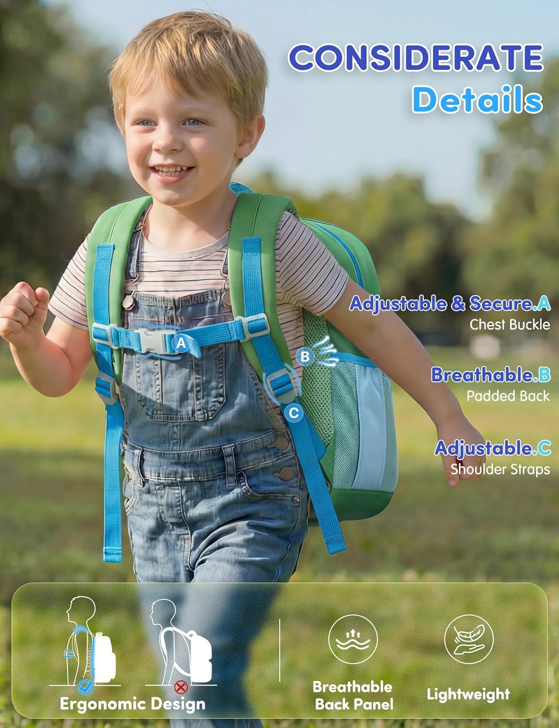 VASCHY Kids Backpack for Boys, Lightweight Quilted Color-blocked Bookbag Preschool Backpack for Kindergarten Children Green Blue