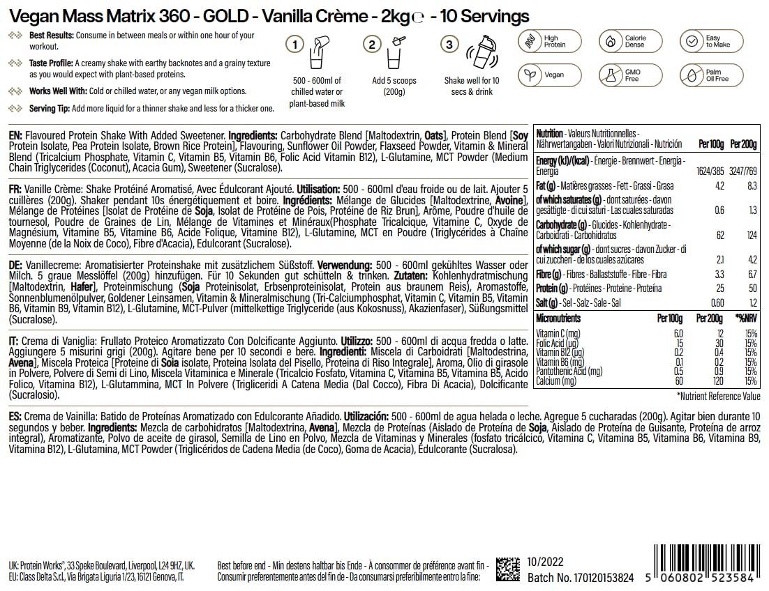 Protein Works | Vegan Mass Matrix 360 – GOLD Innovation, Mass Gainer Vegan, Integratore Aumento Peso, Tri-Protein, Aminoacidi, Shake Post-Workout, Crema alla Vaniglia, 10 Porzioni, 2kg