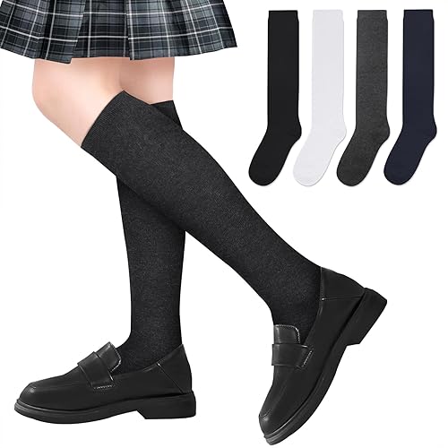 4 Pairs Knee High Socks for Girls Knit School Uniform Socks Seamless Toe Over The Knee Socks for Girls Boys Kids