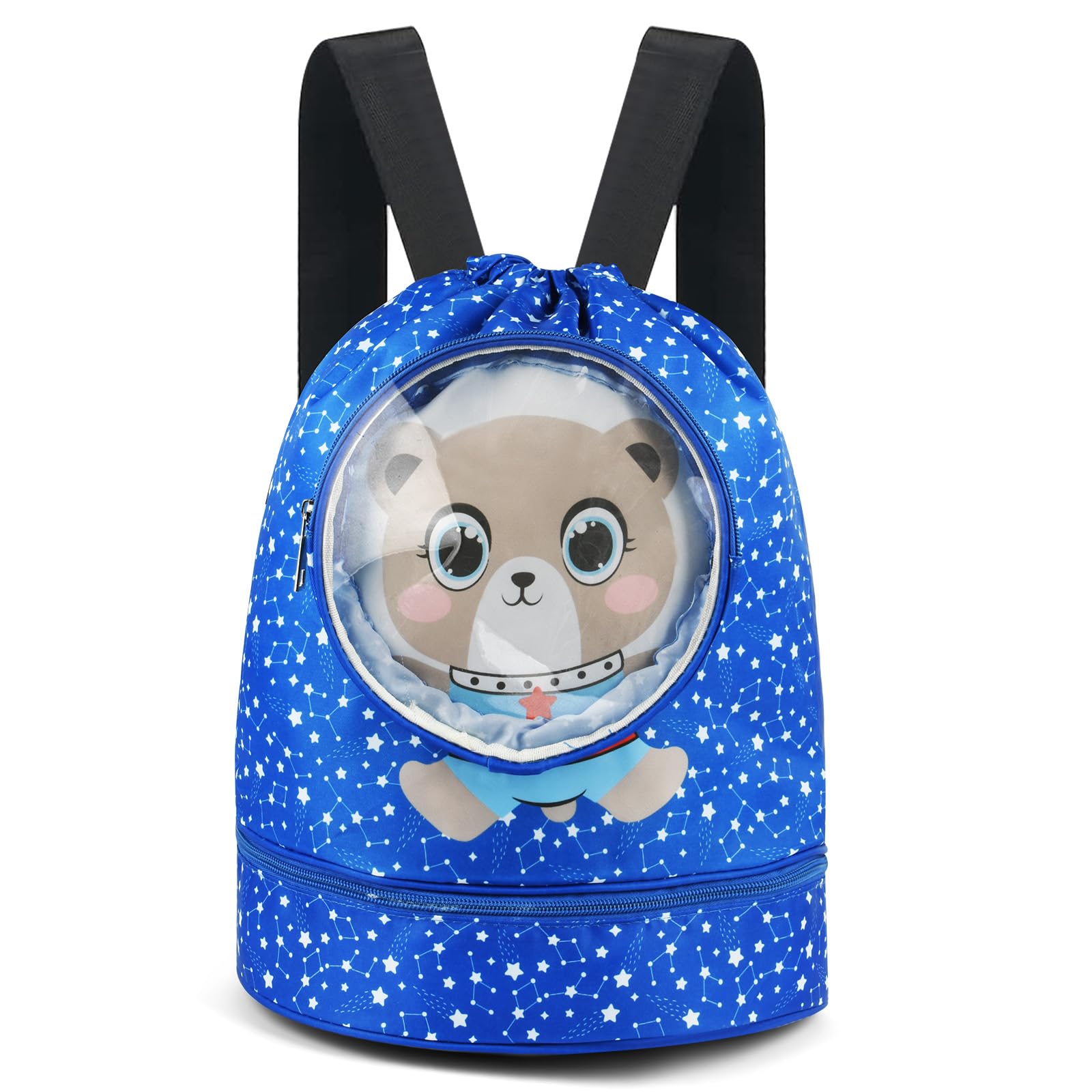 Alaoo Drawstring Bag for Kids, Waterproof Swimming Backpack with Wide Straps Swimming Beach Backpack with Zippered Pocket for Girls, Kids Sports, Gym, and Yoga(Bear)