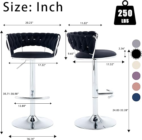 Miniatura 10 de Juego de 2 taburetes de bar de terciopelo giratorios con base de metal dorado, taburetes de bar modernos de altura de mostrador para cocina, pub,