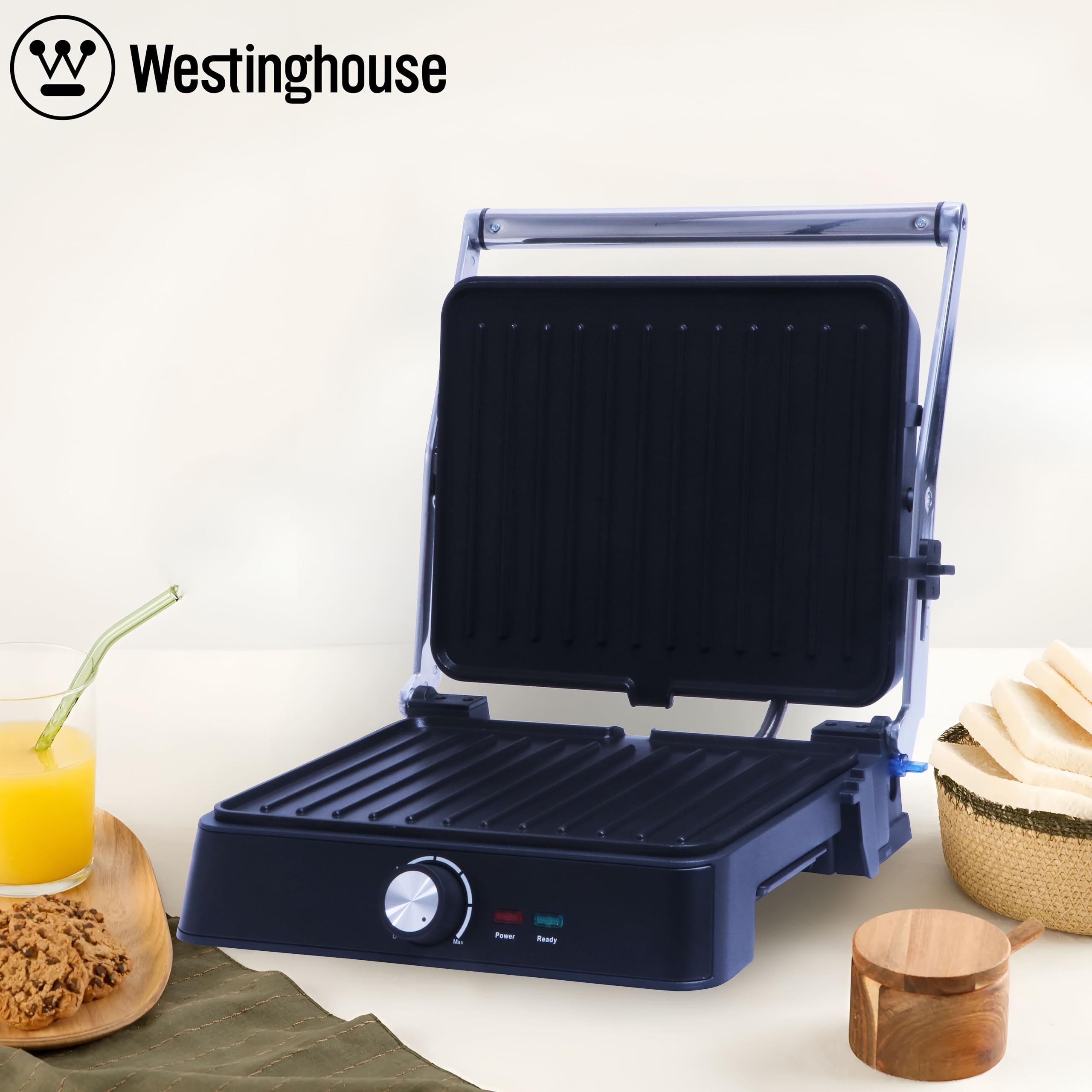 Westinghouse Parrilla Retro Contact Grill - 29 x 24 cm - 180° para asar a doble cara - 2200W - Tostadora - Control de temperatura ajustable - Parrilla Panini - Hierro Tostado - Blanco