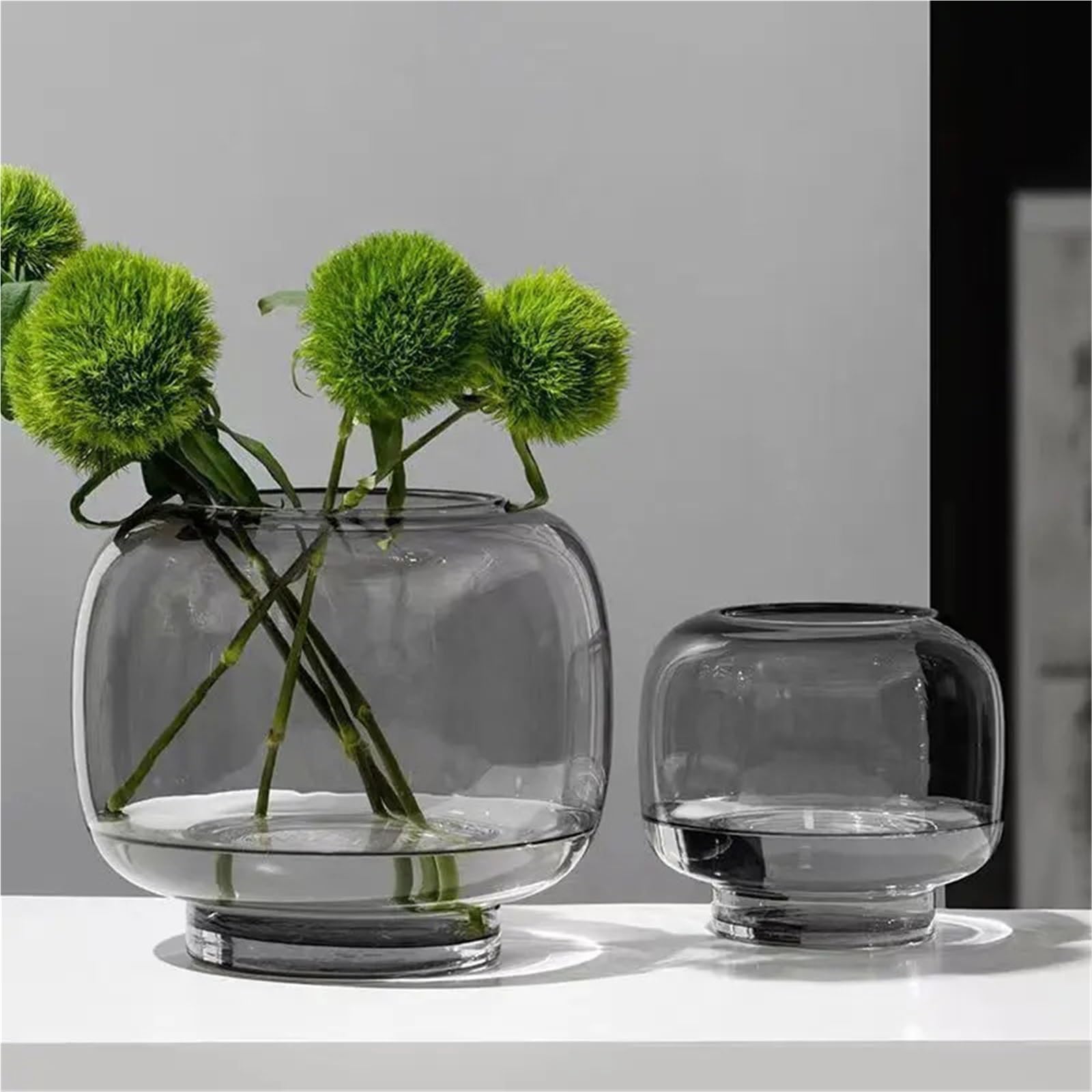 Vase Hydroponique Verre Vase en Verre Transparent avec Conception Circulaire à Grande Bouche, Table Manger for Salon, Arrangement Floral hydroponique, Ornement Double Usage(Small Gray)