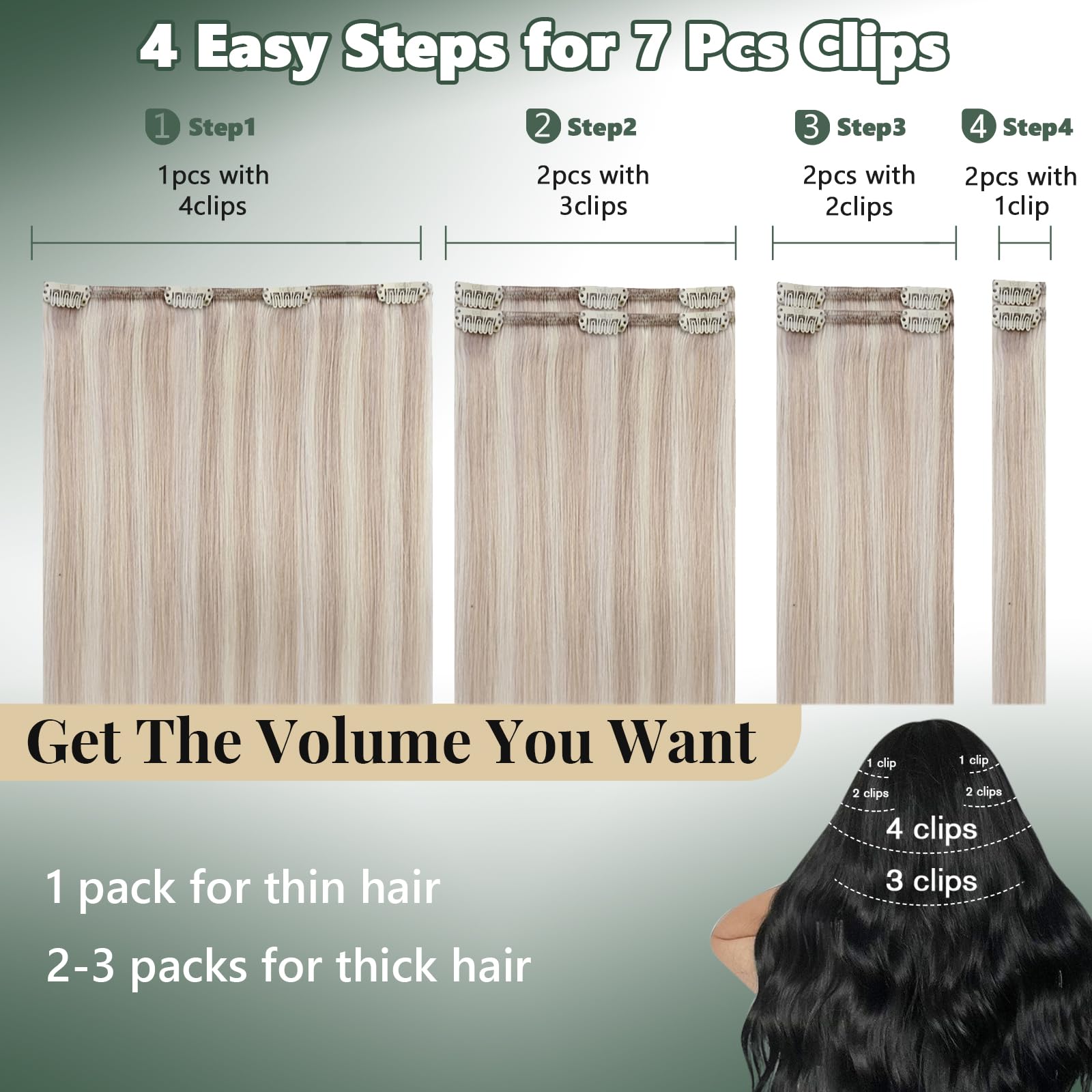 Ugeat Przedłużanie Włosów Clip in, Włosy Ludzkie, Pasemka Popielaty Blond, 50 cm 7 sztuk 120g, Włosy Clip in Extensions Popielaty Blond, Remy Naturalne Proste