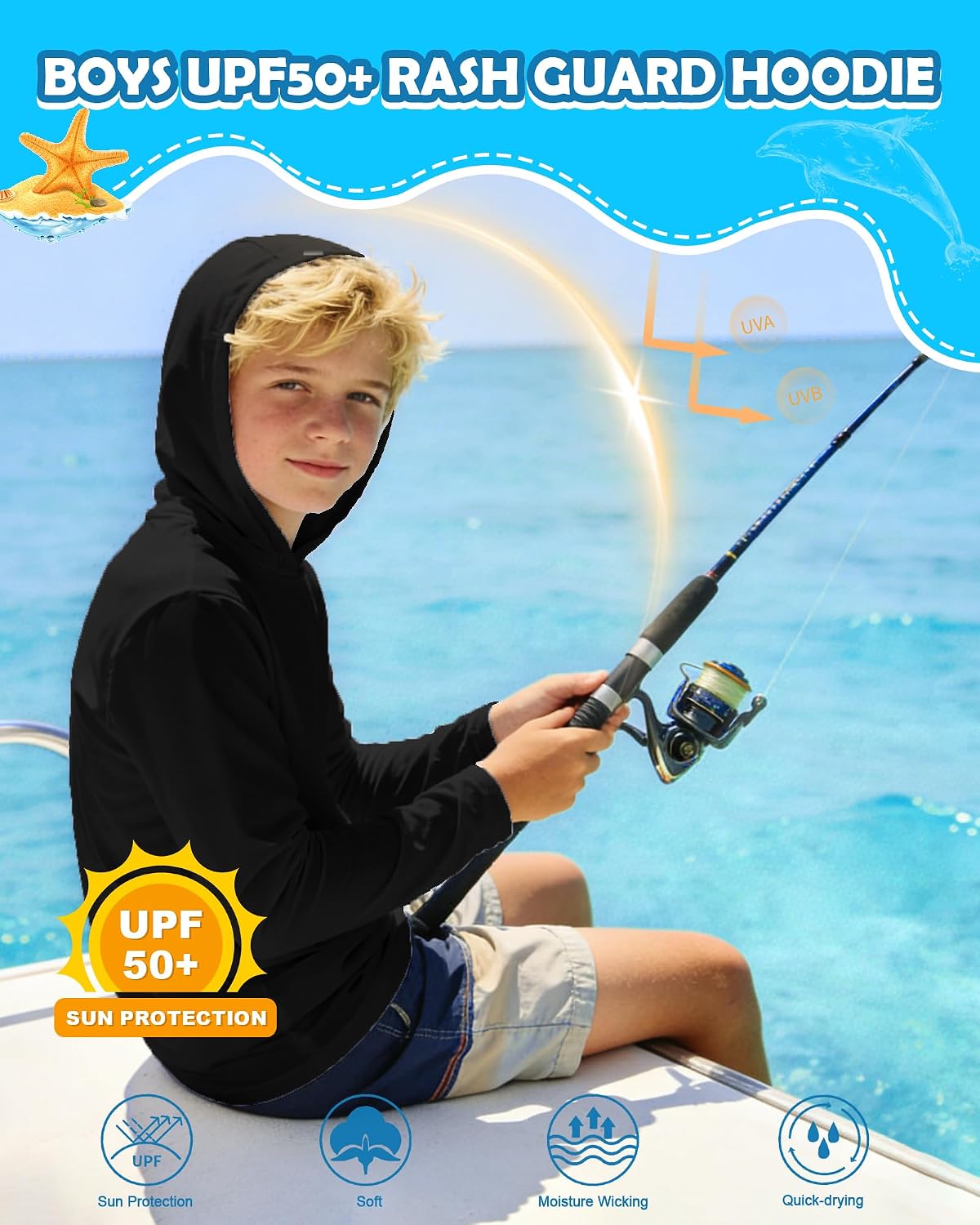 Runhit Boys & Toddler UPF 50+ Rash Guard Hoodie Kids UV Sun Protection Long Sleeve Shirt for Fishing Outdoor Beach Camping
