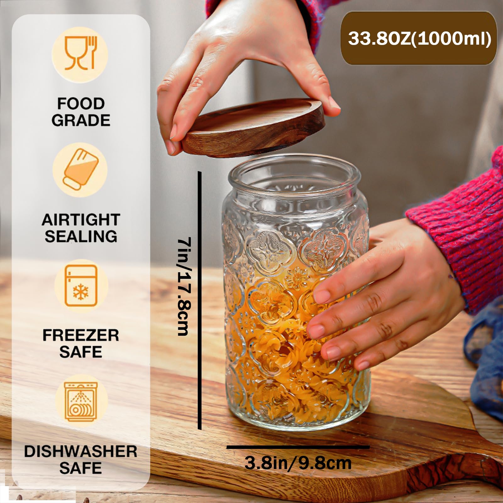Barattolo di vetro vintage, 963,9 g/2 pezzi, con coperchi ermetici in legno di bambù, contenitori per alimenti in vetro per cucina, dispensa, caffè, chicchi di tè, avena, caramelle (fiori con