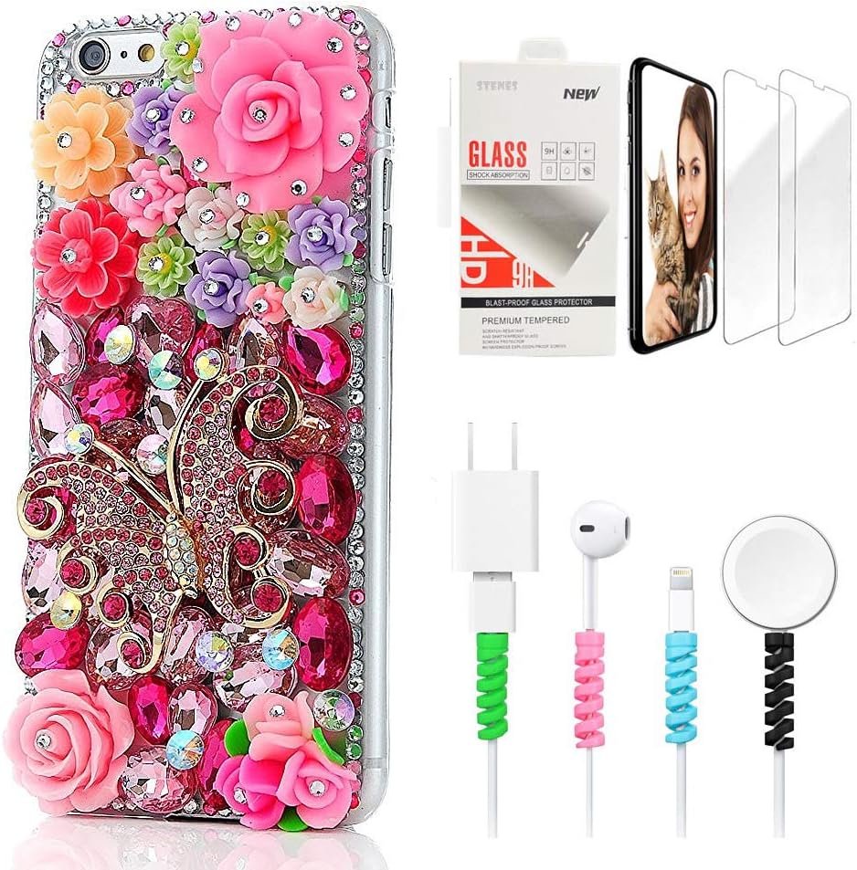 STENES Sparkle Case Compatible with iPhone Xs Max - Stylish - 3D Handmade Bling White Leaf Camellia Rose Flowers Design Cover with Screen Protector & Cable Protector - Pink