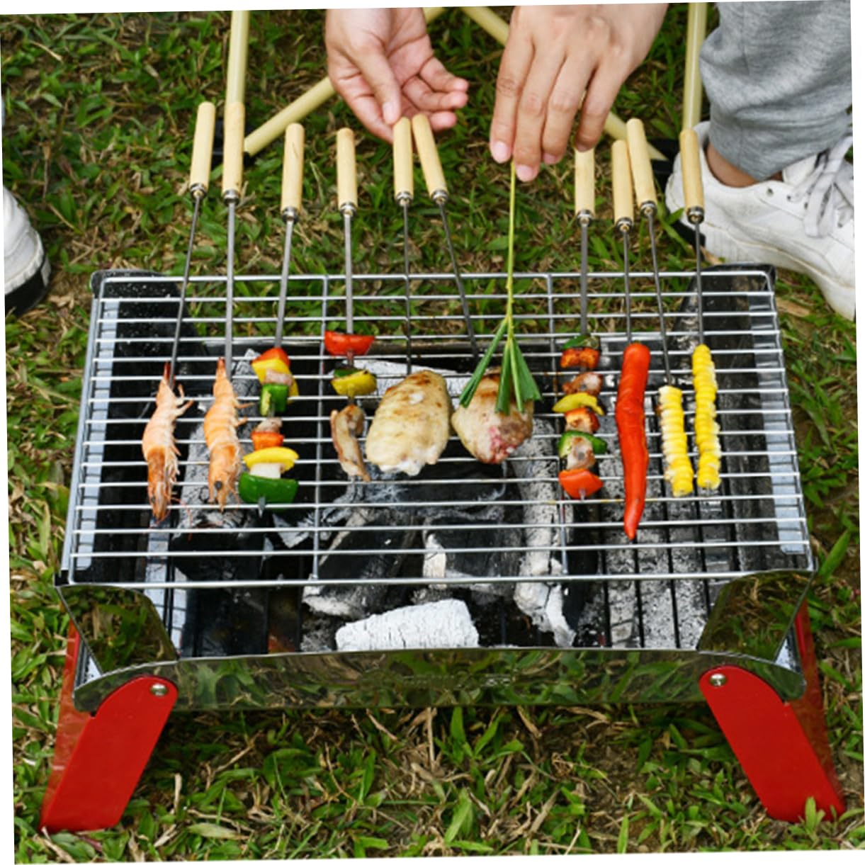 Brochetas Barbacoa De Palitos Inoxidable y Madera Duraderos y Fáciles De Limpiar