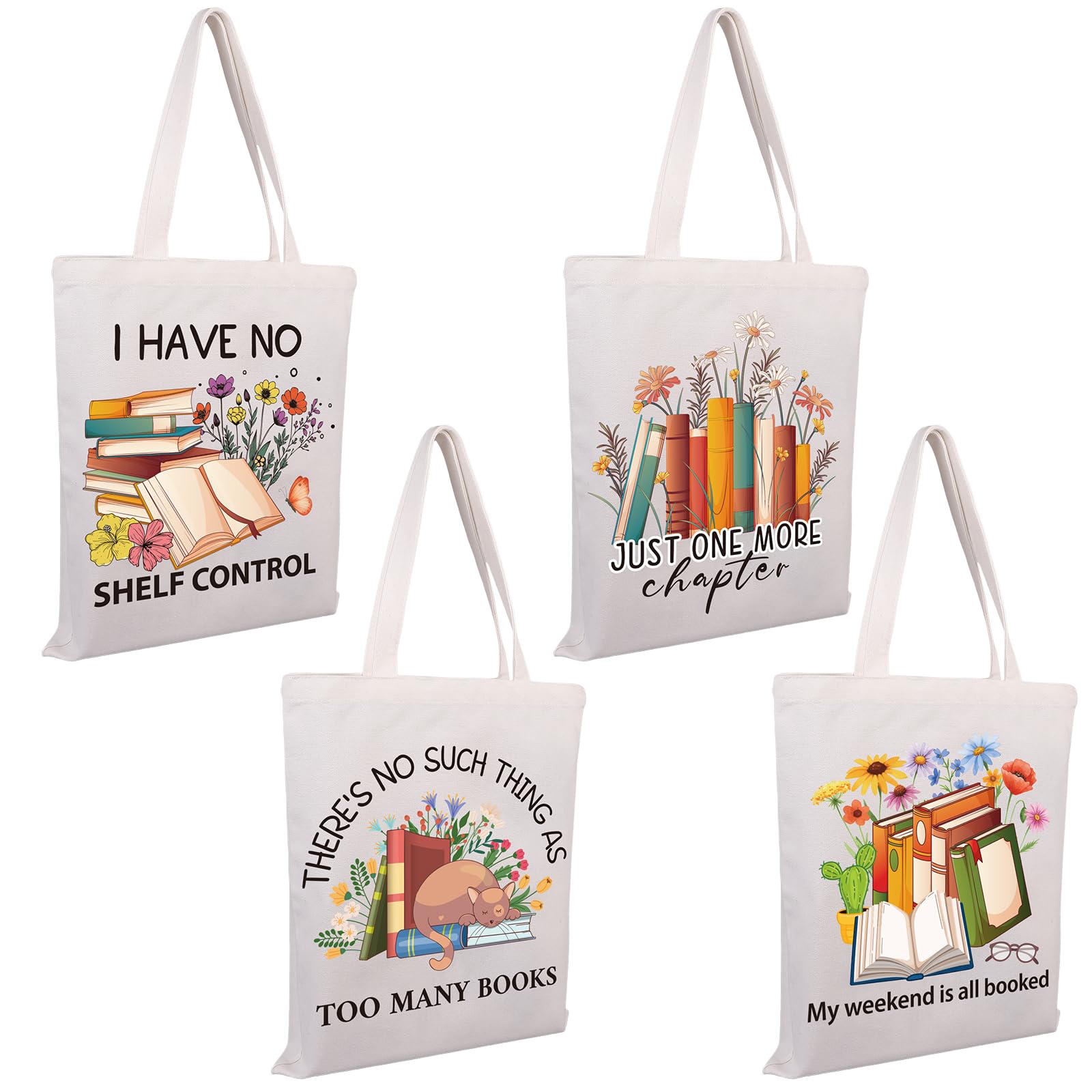 YXSJAS 4Pcs Book Lovers Canvas Tote Bags Book Club Gifts Bulk Cute Aesthetic Shopping Grocery Reusable Tote Bags for Librarian Bookworm, Foldable Grocery Bag for School Work Shopping Reusable