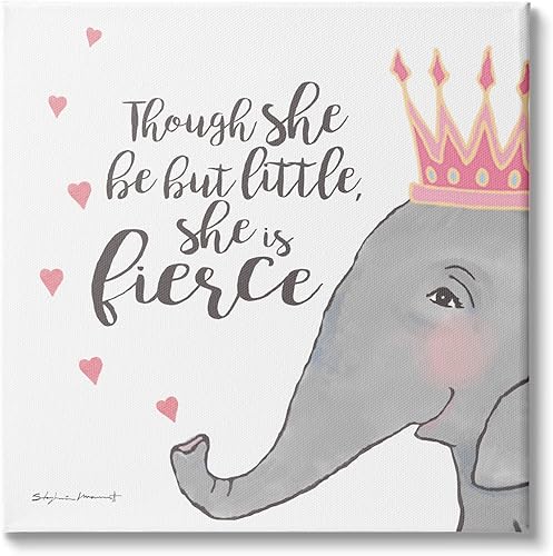 Stupell Industries She is Fierce Phrase - Lienzo decorativo para pared, diseño de princesa elefante rosa, diseñado por Stephanie Workman Marrott, 17