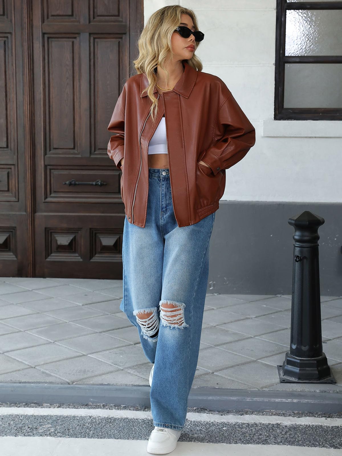 HOUZONIY Giacca in pelle da donna, oversize, in similpelle, alla moda, per autunno e inverno, a maniche lunghe, con zip