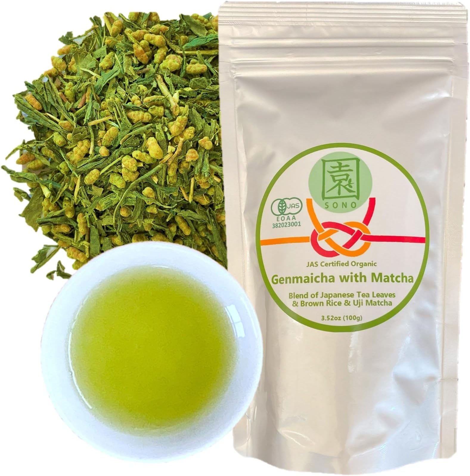 SONO Organic Genmaicha with Matcha, Blend of Sencha Green Tea, Roasted Rice, and Uji Matcha Kyoto Japan Origin 3.52oz/100g