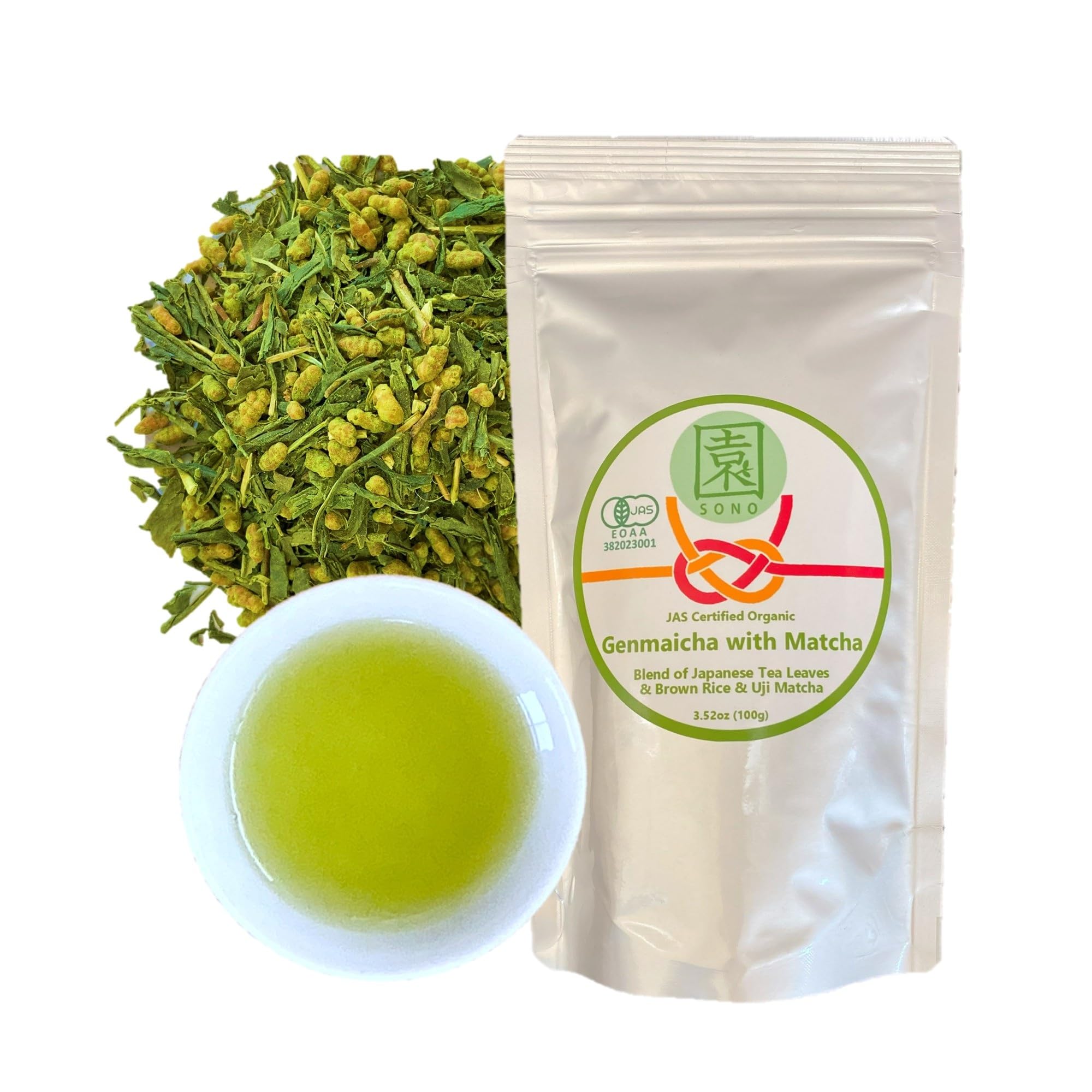 SONO Organic Genmaicha with Matcha, Blend of Sencha Green Tea, Roasted Rice, and Uji Matcha Kyoto Japan Origin 3.52oz/100g