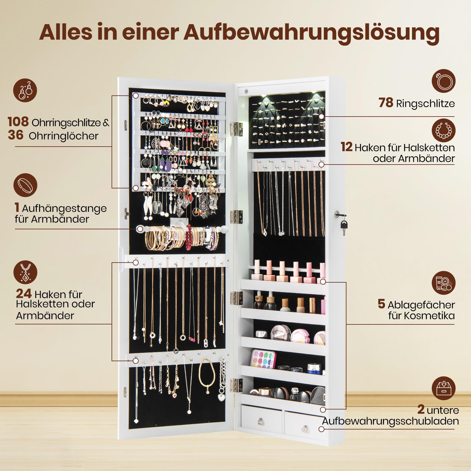 RELAX4LIFE Schmuckschrank hängend, Spiegelschrank mit 2 Schubladen & 2 LEDs & Schloss, Schmuckorganizer für Ohrringe & Armband & Kette & Ringe & Kosmetik, Tür- & Wandmontage (Weiß)
