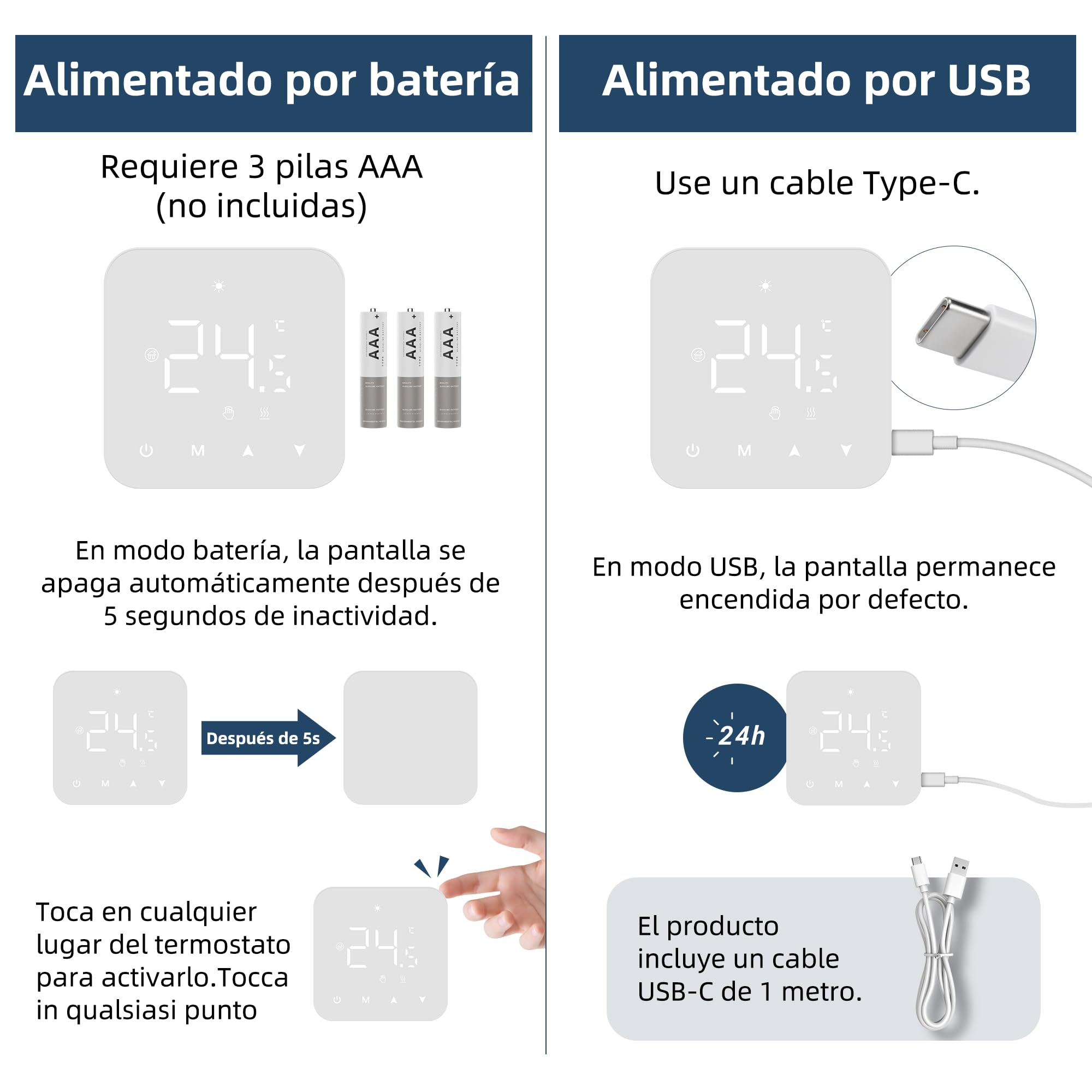 Termostato para calderas de Gas, Alimentado por Pilas, con Pantalla táctil. Termostato de Pilas de Dos Cables.Blanco 3A R3W