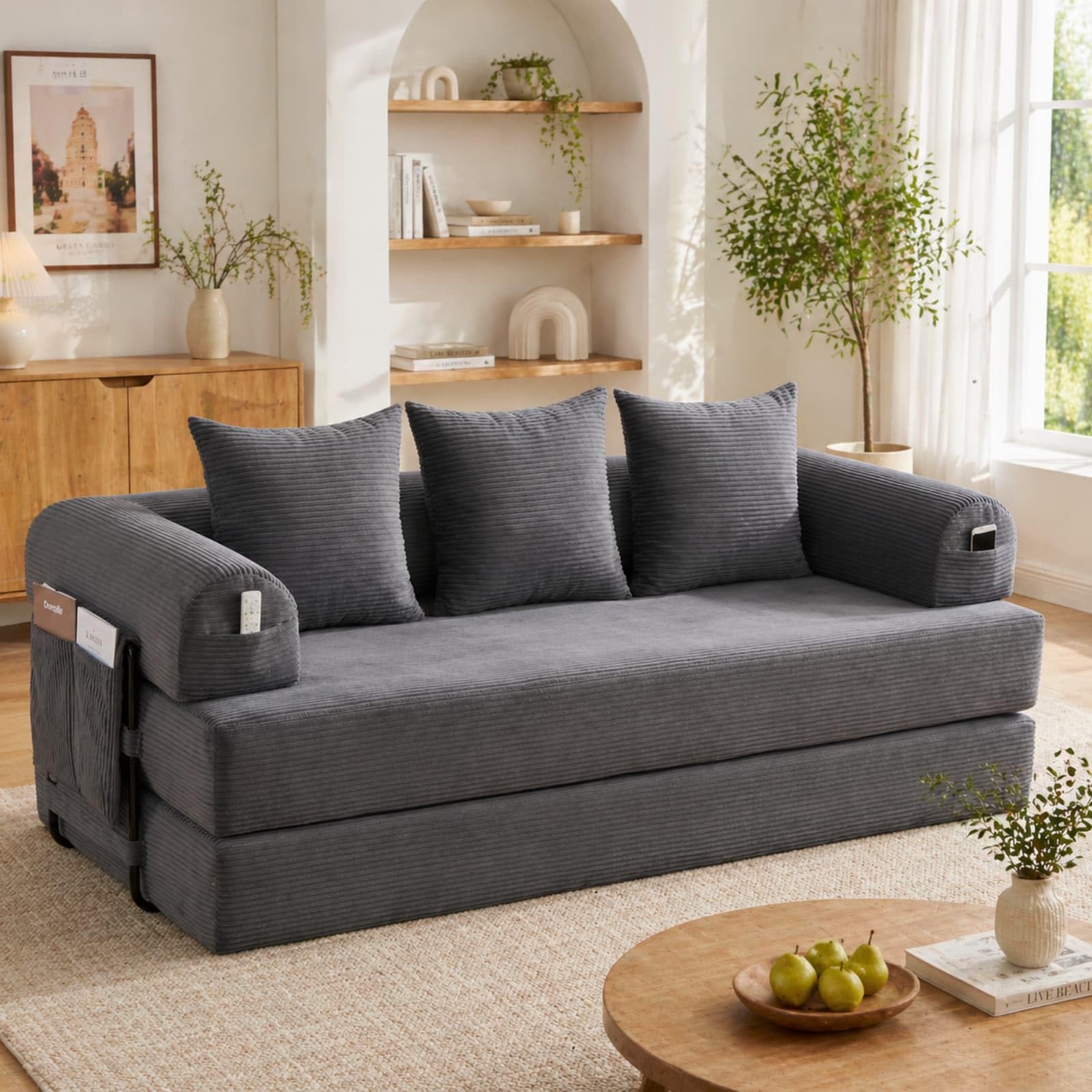 KOMHTOM Canapé 3 Places en Velours Côtelé avec 3 Coussins Confortables, DIY Libre et Structure Métal - Canapé Convertible Moderne (Gris foncé-B)