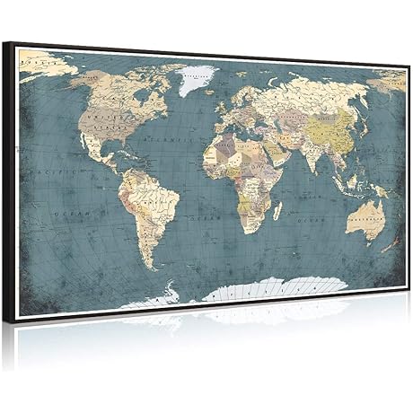 Welmeco World Map Framed - Vintage Travel Canvas Print with Premium Frame and Push Pins