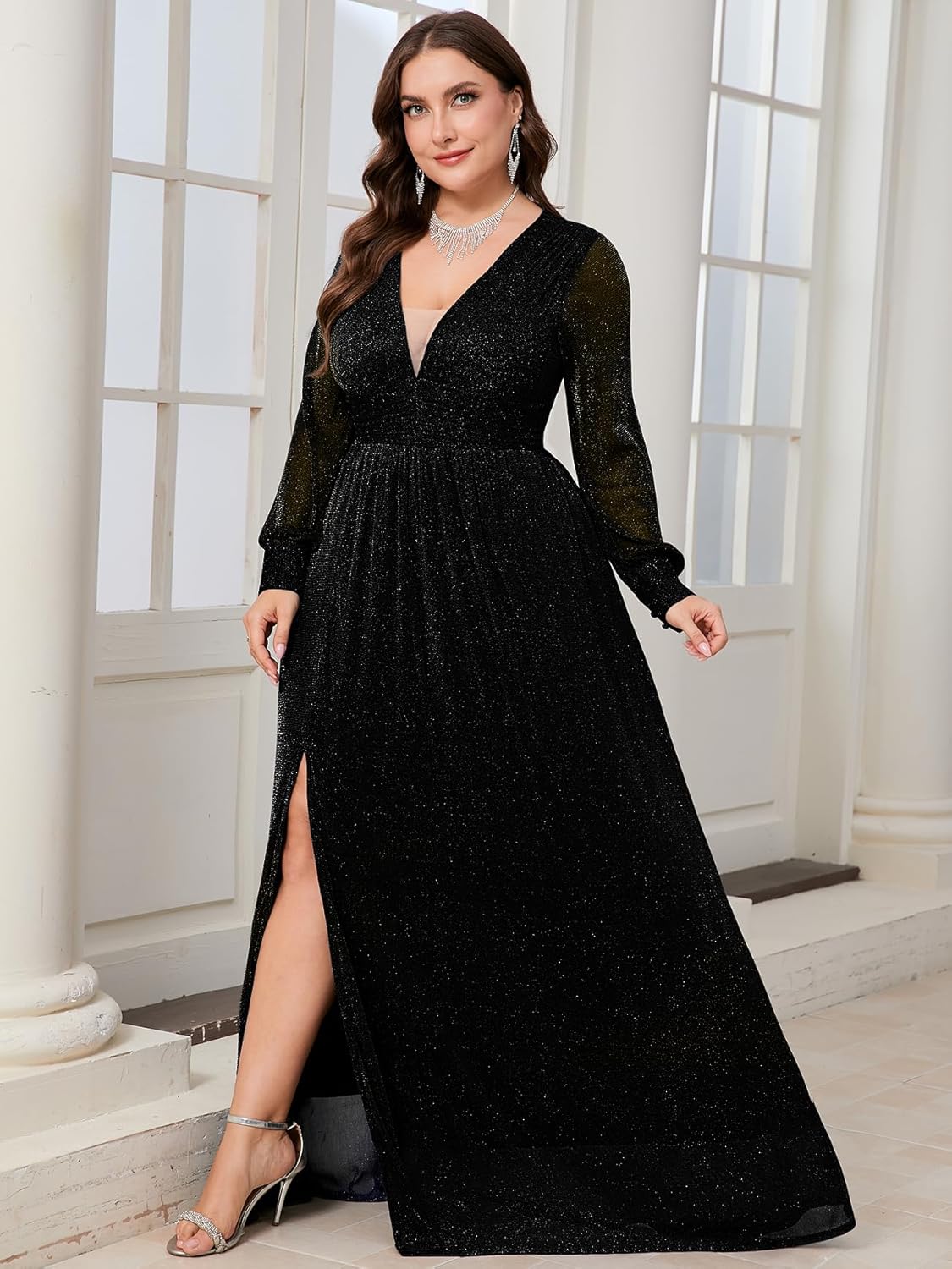 Plus Size Sparkly Formal Maxi Dress Long Sleeve Deep V-Neck Mesh Dresses with Slit Cocktail Wedding Evening Gown - Image 2