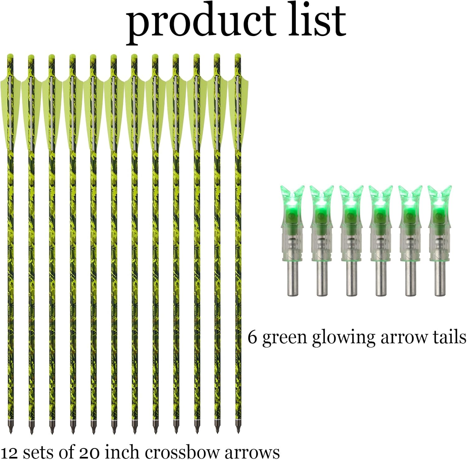 S F 20 inch Crossbow Bolt Carbon Crossbow Arrow 12 Pcs with 6 Green Lighted Nock, Hunting and Outdoor Practice Lighted nocks for Arrows nockturnal Lighted nocks