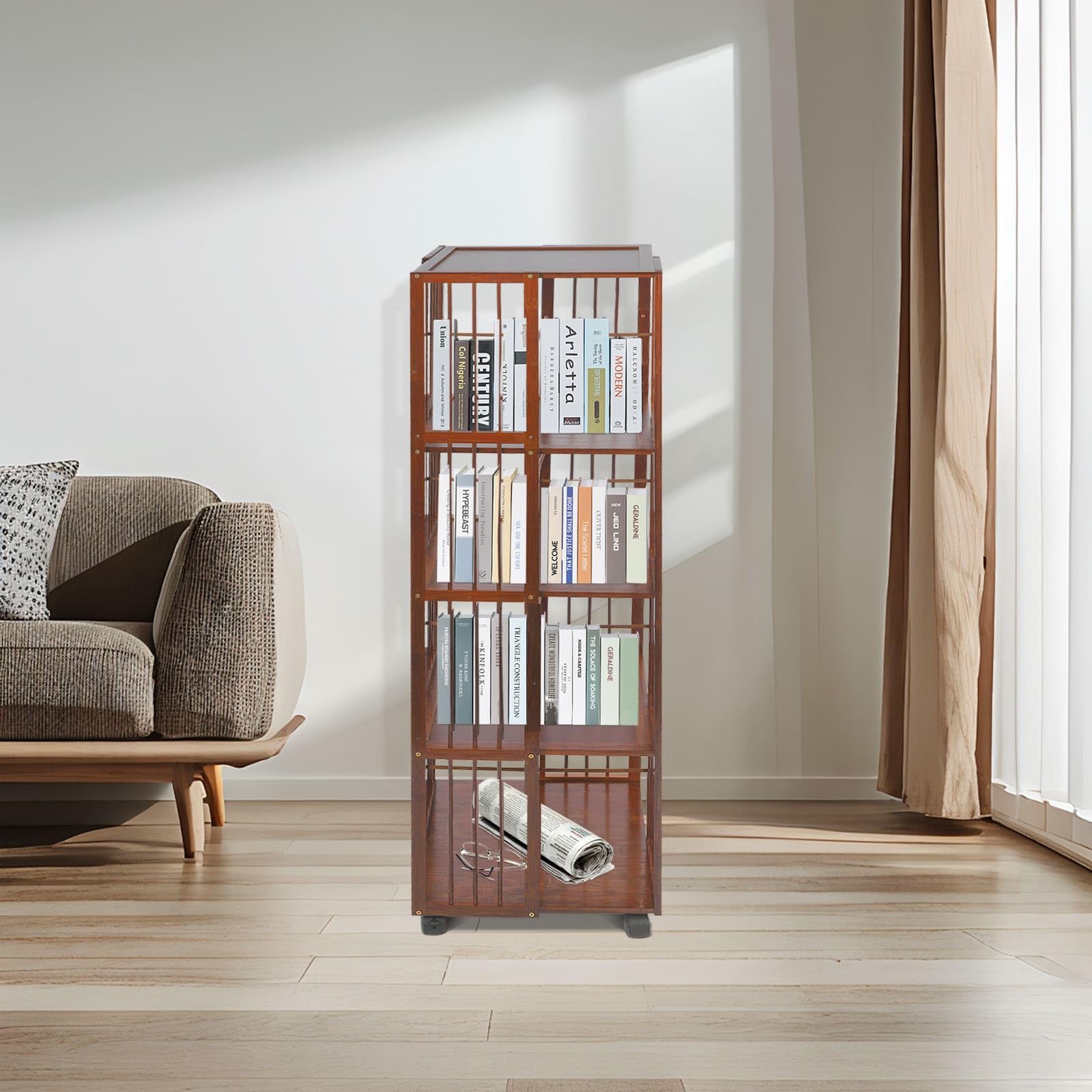 Librería giratoria de bambú con ruedas, estante para libros móviles de 5 niveles, 37 x 37 x 132 cm, para libros, álbumes, plantas