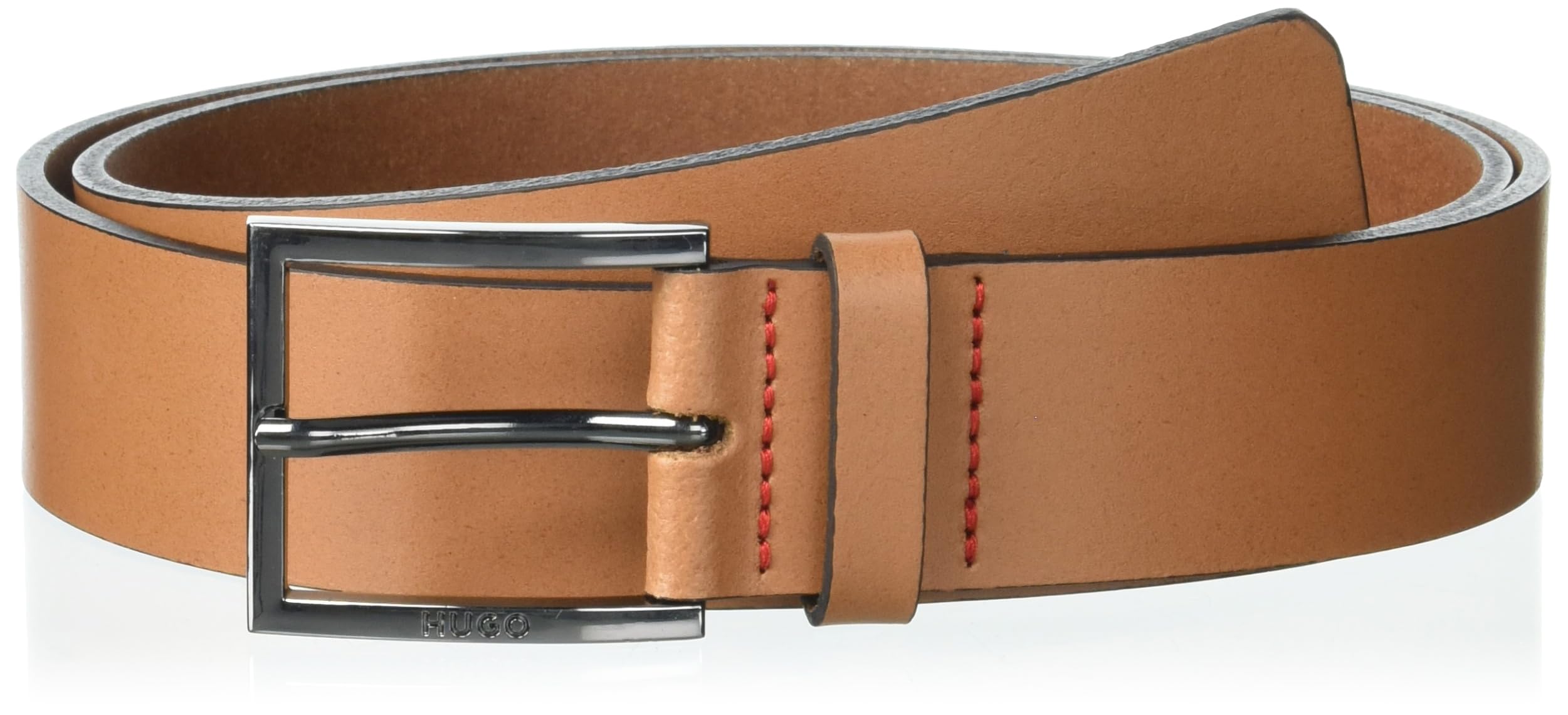 HUGO mens Dressy Leather Belt With Gun Metal Hardware