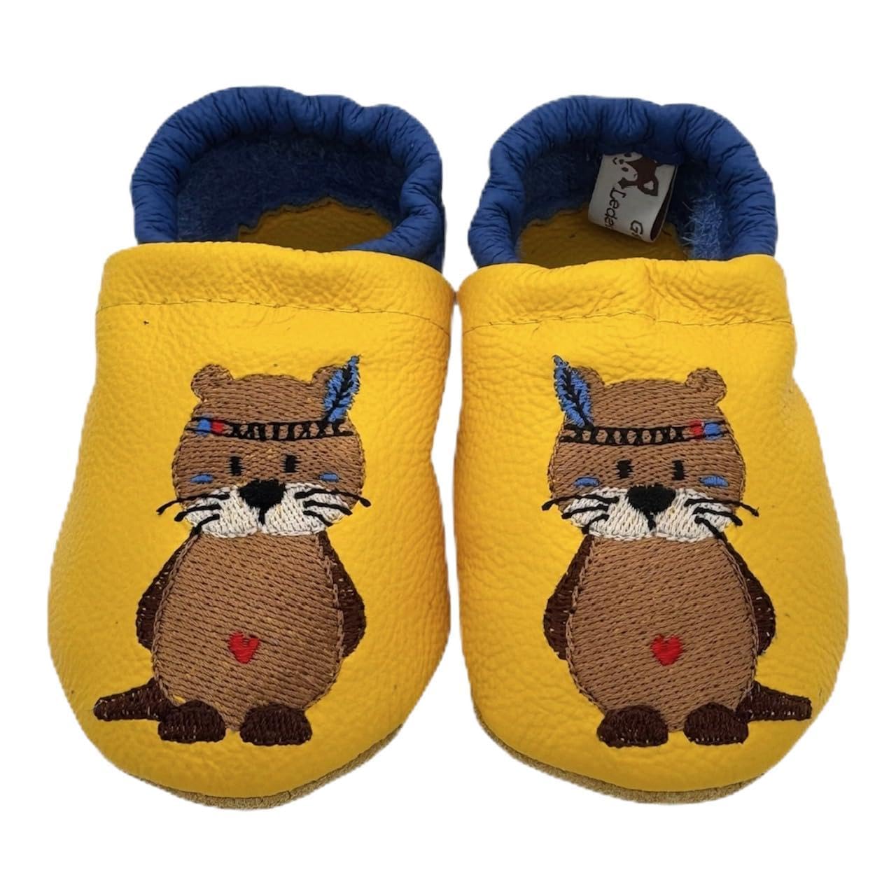 Generisch Personalisierte Krabbelschuhe | Lederpuschen mit Otter | gelb/blau | Lauflernschuhe Baby | Handgemacht in Paderborn | Geschenk