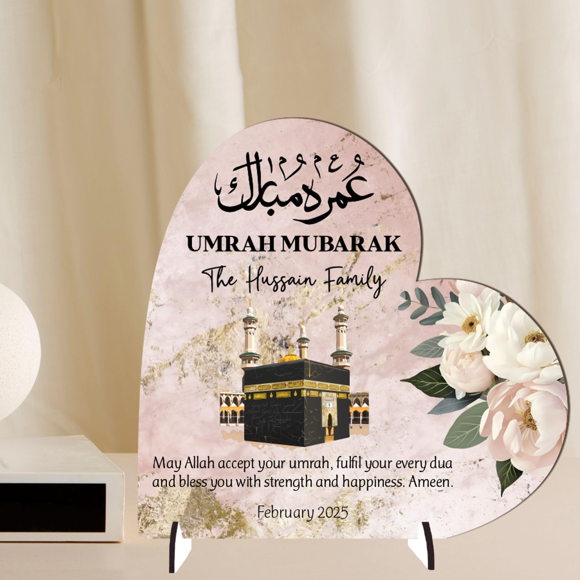 Heart Plaque Personalised Umrah Mubarak Heart Plaque for Families – Sentimental Islamic Gift for Pilgrims – Custom Arabic Names & Date Keepsake (Pink, MDF Wood - Large - 190mm x 185mm)