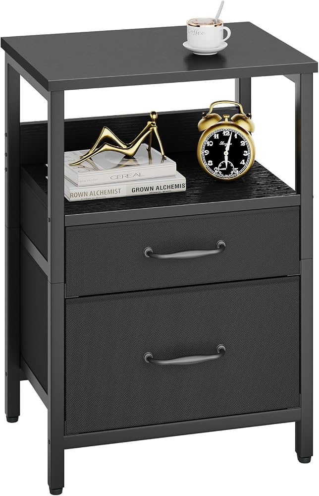 YMYNY Table De Chevet Moderne Avec 2 Tiroirs Tissu Et 2 Étagères - Cadre Métal Noir Grain De Bois