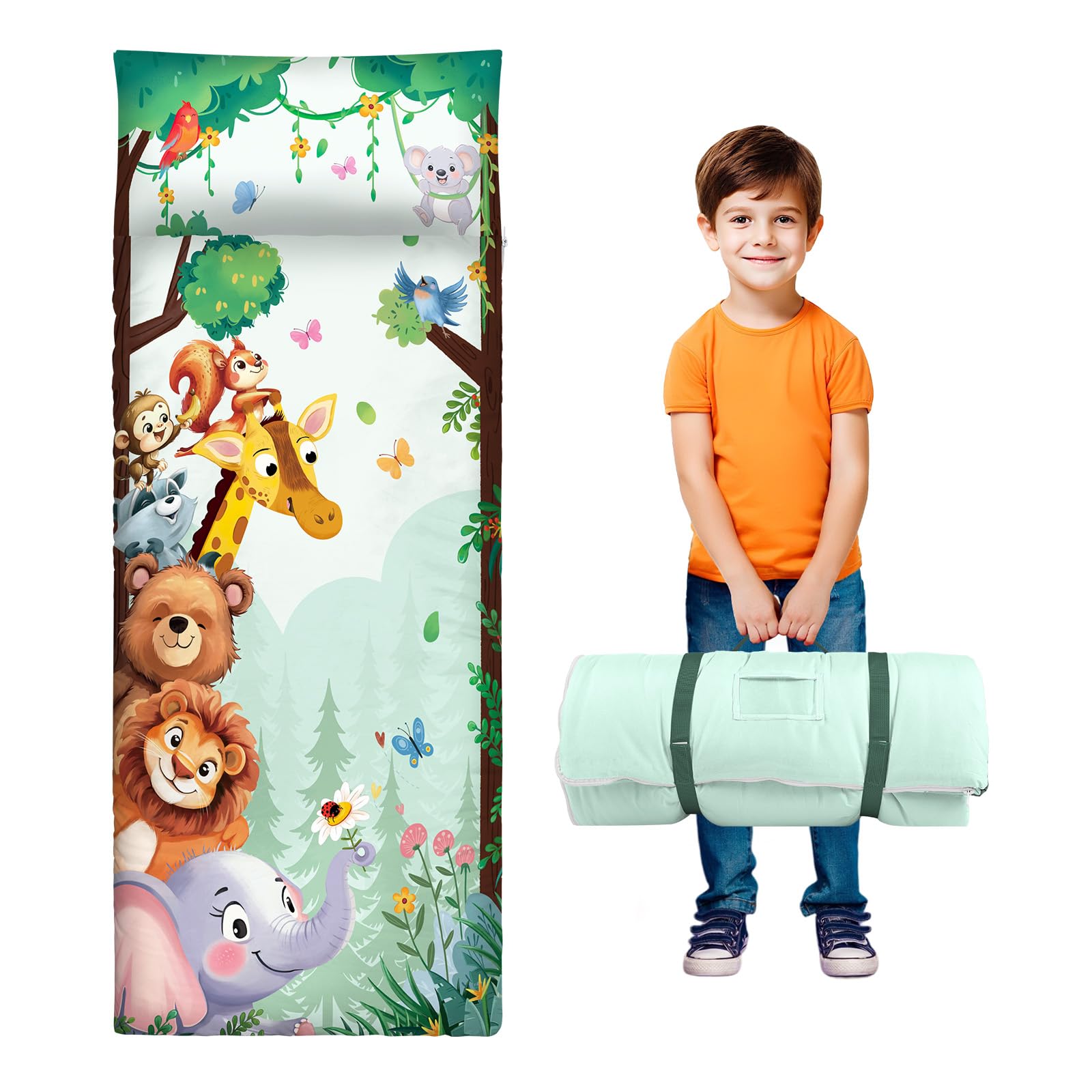 Kids Sleeping Bag with Pillow,Nap Mat for Toddlers Boys Girls, Warm Toddler Slumber Bag 150x60cm, Roll Up Kids Sleeping Mat with Double Zip for Bedroom Daycare Kindergarten, Animal