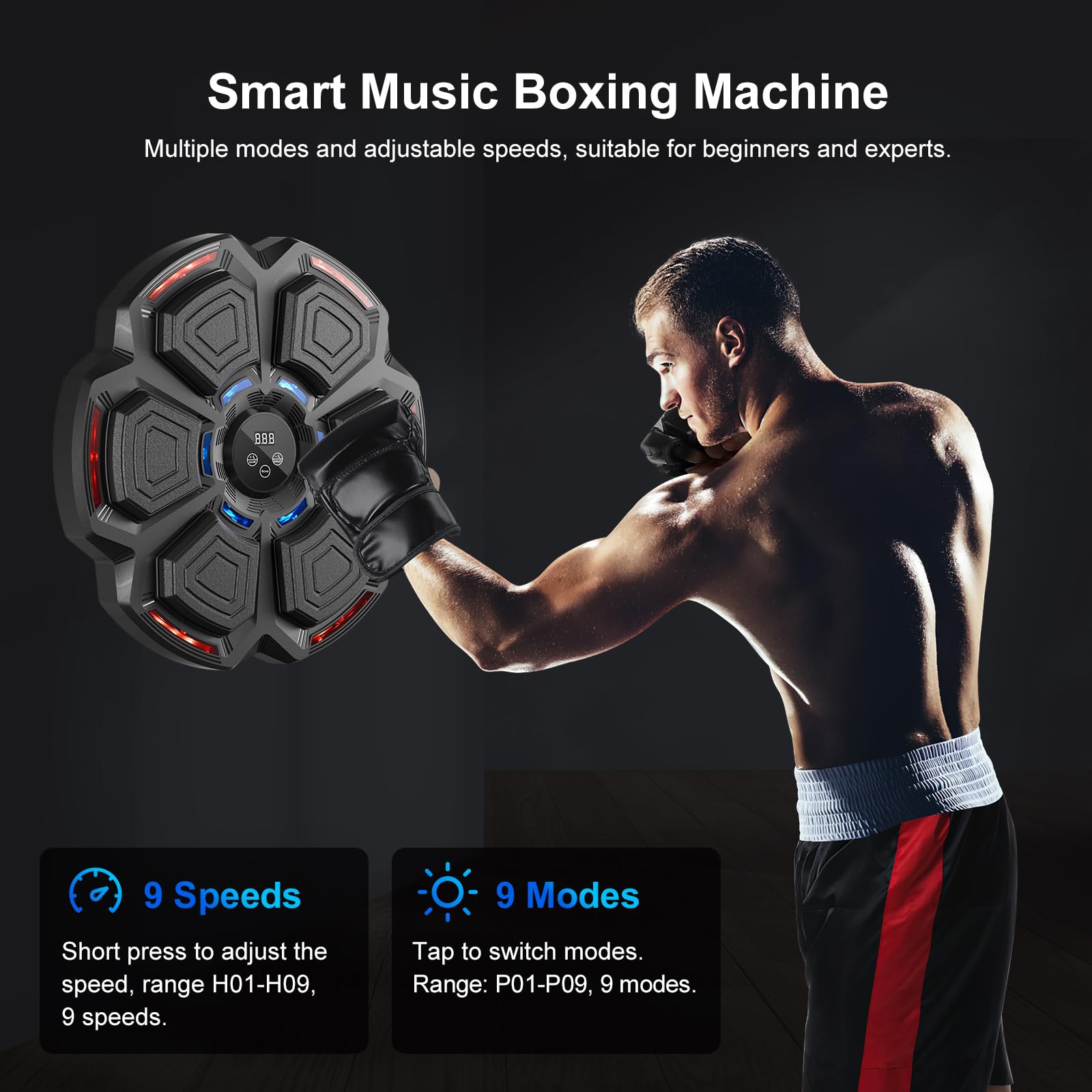 FOOING Macchina da Pugilato Musicale, Smart Punching Machine con 9 Livelli di velocità e 9 modalità di Regolazione, Bluetooth e Luce LED, Attrezzatura per L'Allenamento con Guantoni Boxe