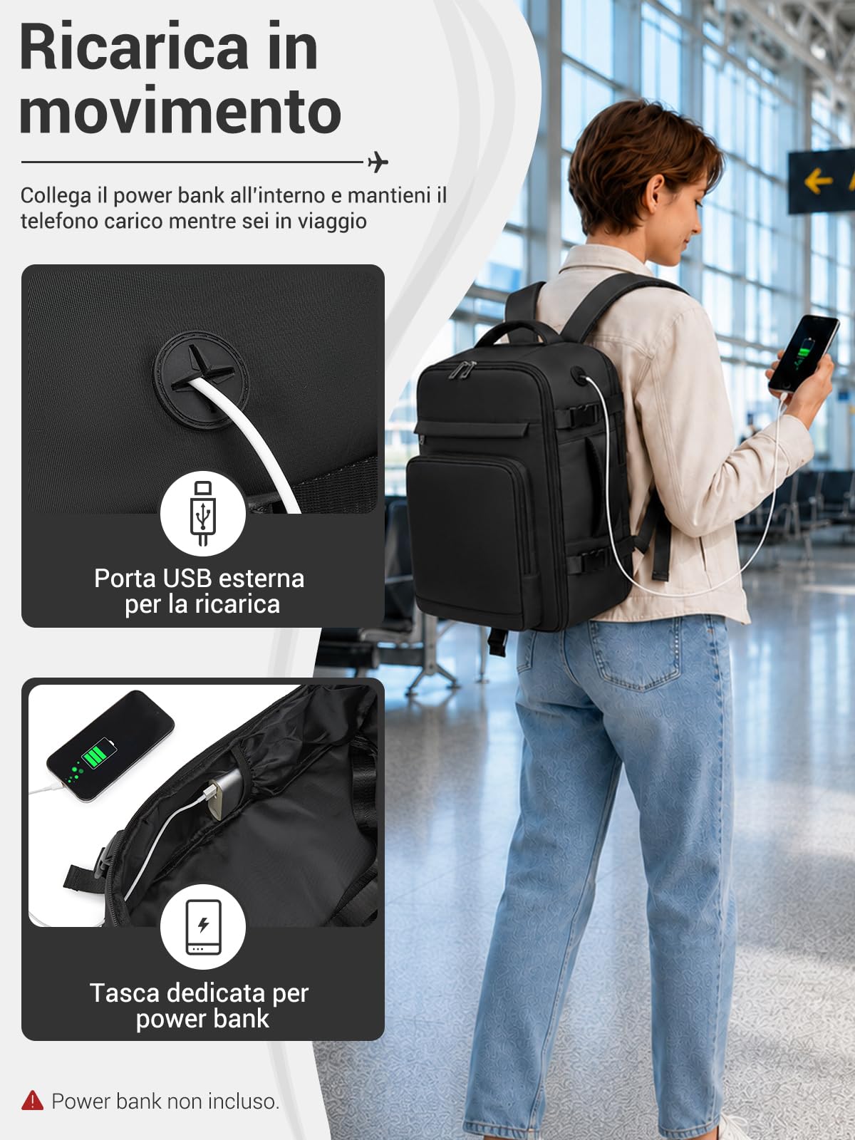 KONO Zaino 40x30x20 Ryanair 24L, Bagaglio a Mano Porta PC 15,6", Nero | Apertura 180°, Tasca Umida, Foro Passacavo, Schienale Traspirante e Tessuto Idrorepellente, Ideale per Viaggi Brevi e Lavoro