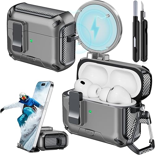 Miniatura 19 de Funda para AirPods 4 (2024) con soporte para teléfono, con interruptor automático a presión, diseño de fibra de carbono, cubierta de protección para