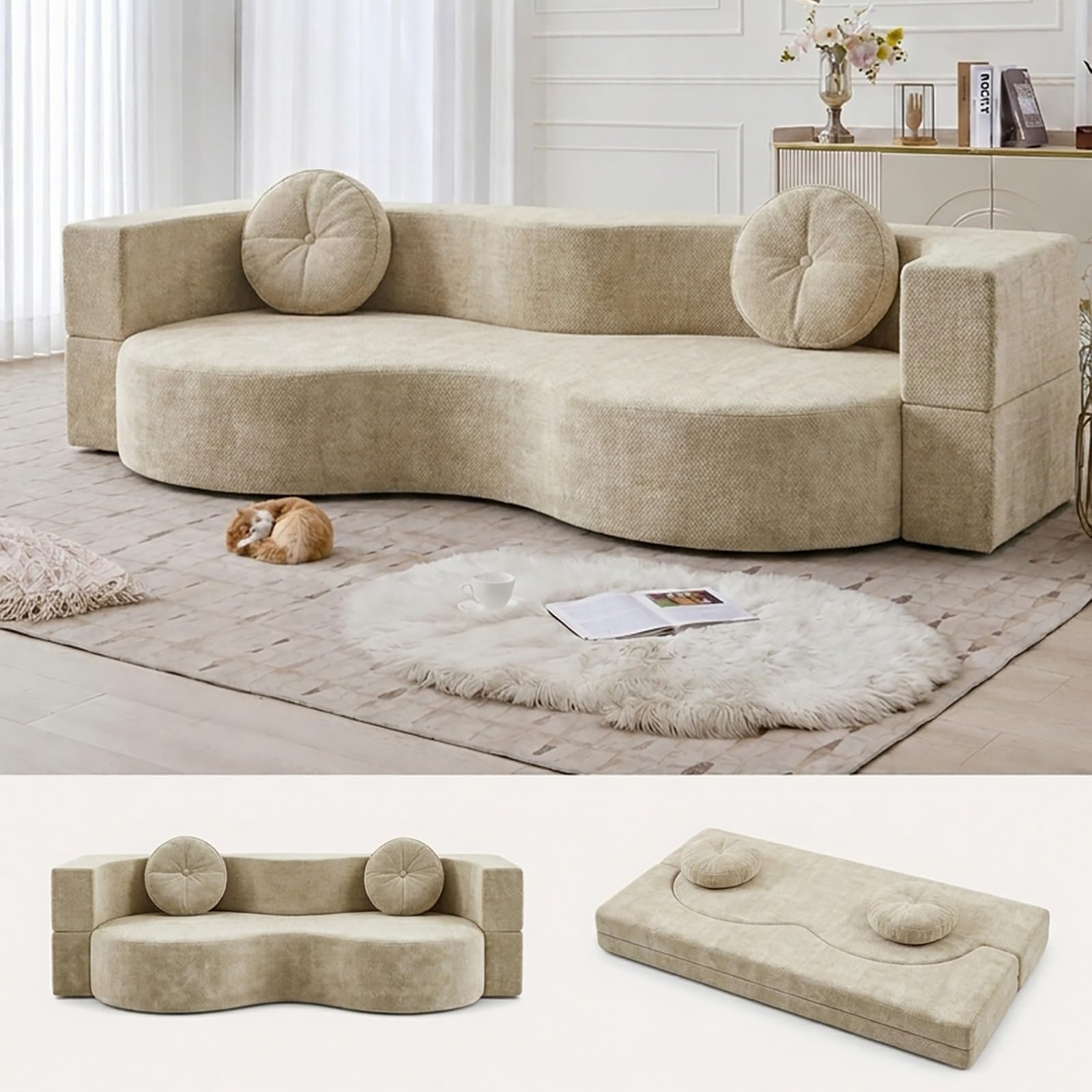 Sofá cama plegable 150x50 cm en esponja blanca con dos cojines cómodos para salón