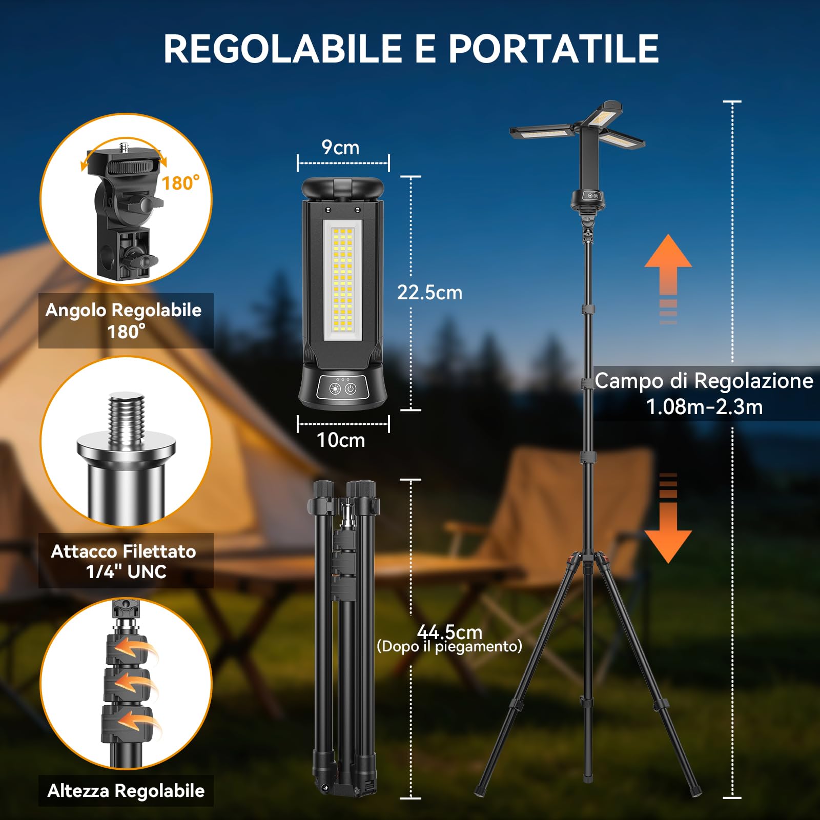 15000 mAh Proiettore LED Ricaricabile con Telecomando, 5000LM Faretto LED da Cantiere Dimmabile, 5 Modalità, Treppiede Regolabile 2,08 m, Lampada da Campeggio Regolabile con Borsa da Trasporto
