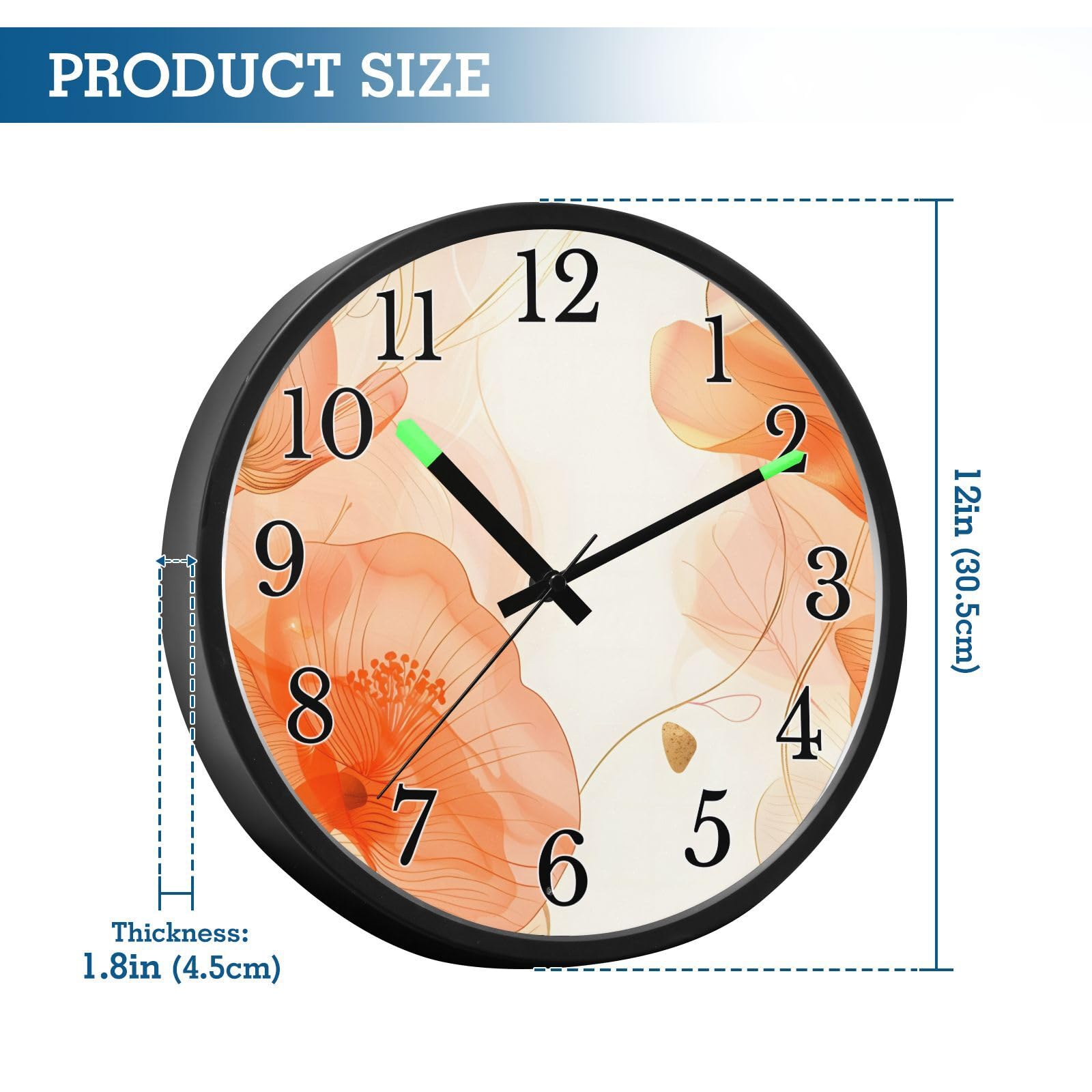 Mnsruu Reloj de pared luminoso naranja con copias de flores, hojas de plantas, reloj de dormitorio, funciona con pilas, reloj silencioso que brilla en la oscuridad, para sala de estar, cocina, 12