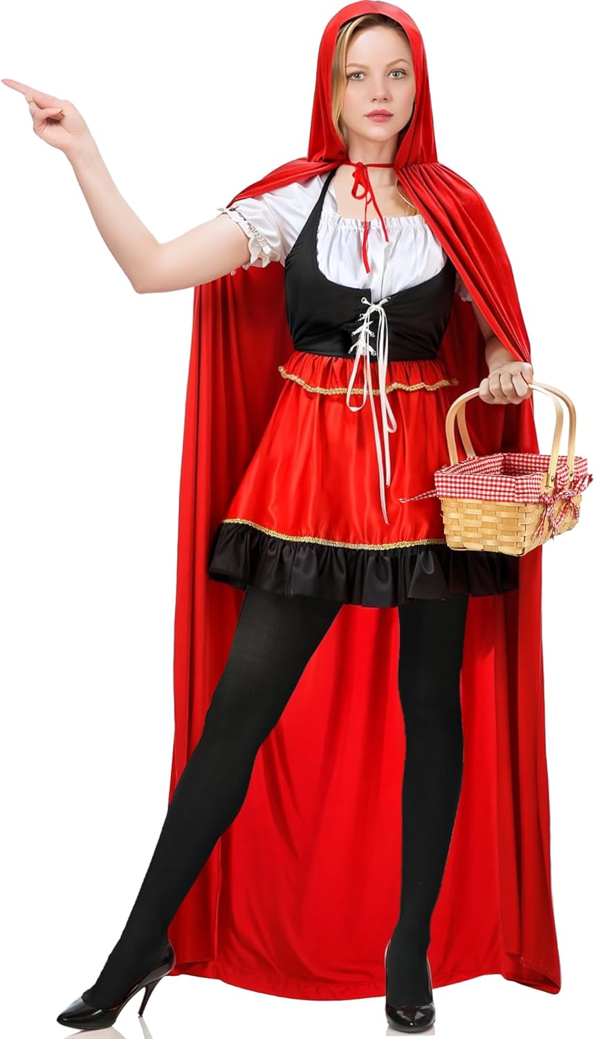 Women's Riding Hood Costume Christmas Halloween Party Dress with Red Cloak Cape Adult Cosplay Costumes for Women Medium