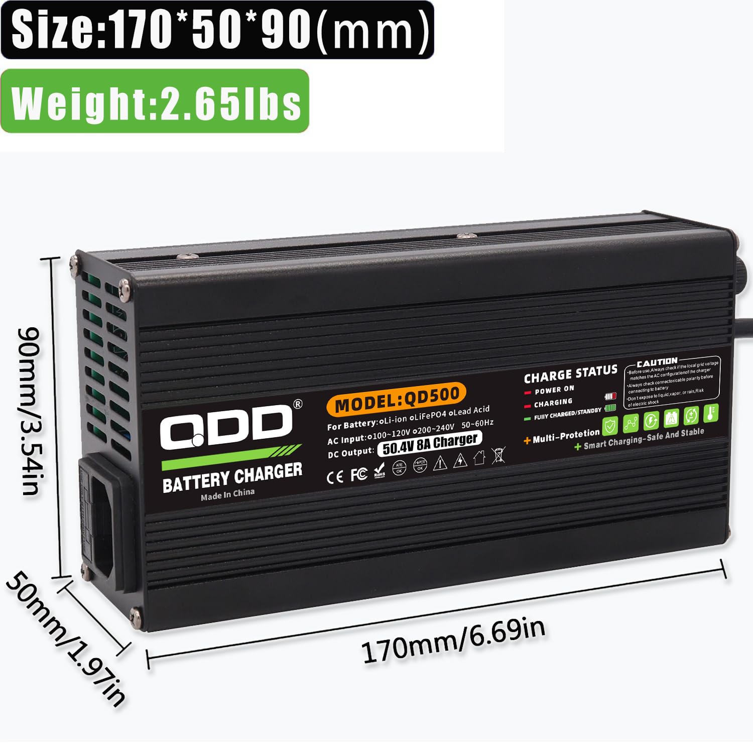 QDD Cargador de litio de 50,4 V 8 A con sistema de refrigeración para batería de litio 12S 44,4 V DC XT60 conector macho