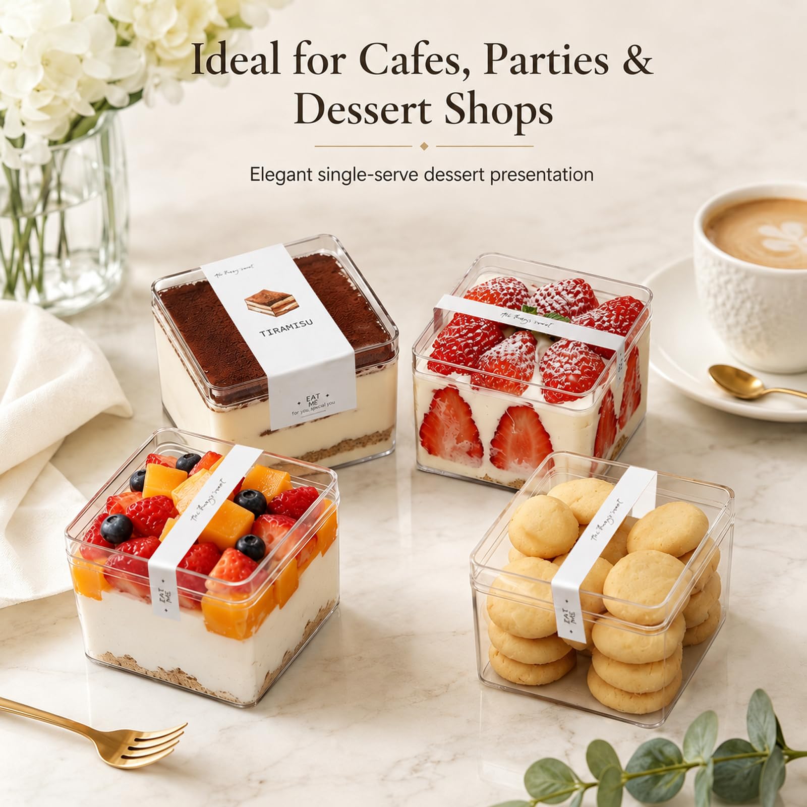 50 Pièces Gobelets à Dessert en Plastique avec Couvercles, 360ml Coupes à Dessert Carrées Coupe Apéritif Parfait Clair Bol de Service Réutilisable pour Pudding Mousse Party et idéal pour Tiramisu