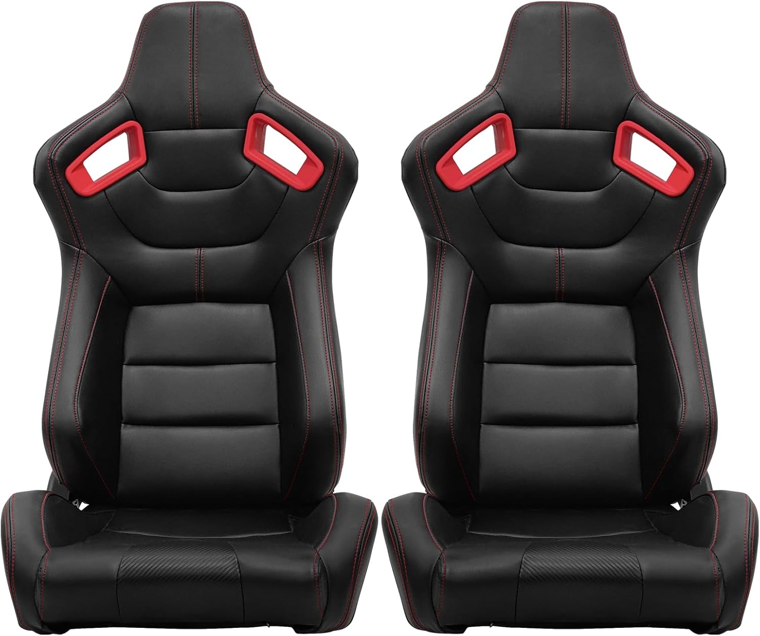 FREEMOTOR802 Racing Seats with Dual Lock Sliders, Universal For Most Cars Vehicles First Row, 1 Pair Reclinable Sport Bucket Seats, PU Carbon Fiber Look Leatherette, Black Red Slots