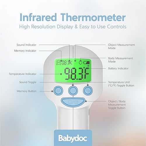 Miniatura 7 de Babydoc - Termómetro de grado médico para bebés elegible FSA-HSA para niños, sensor alemán AccuTemp, termómetro infrarrojo 3 en 1 para la frente,